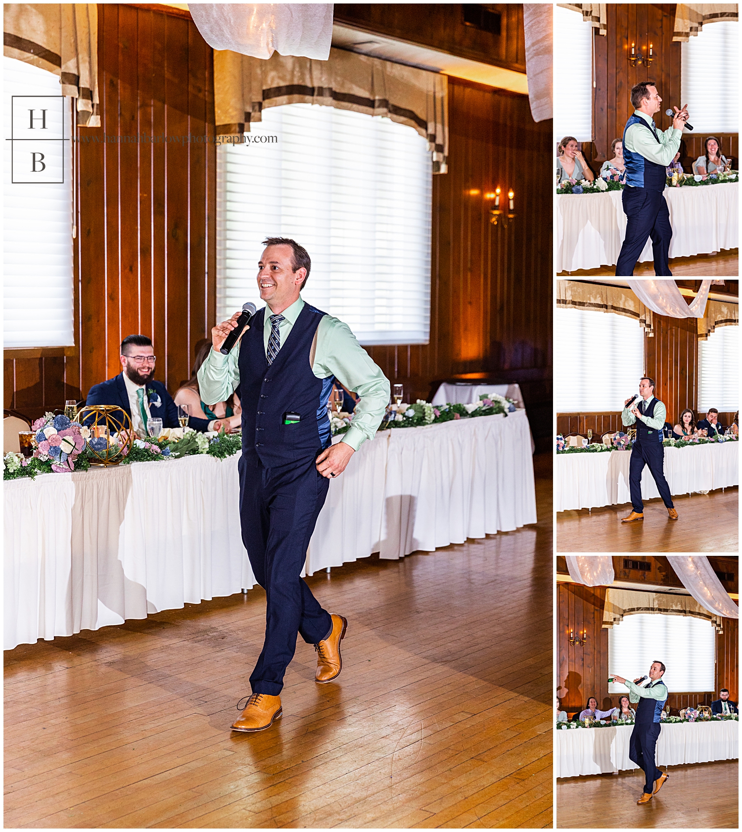 Wedding DJ in green shirt and blue suit walks and introduces couple.