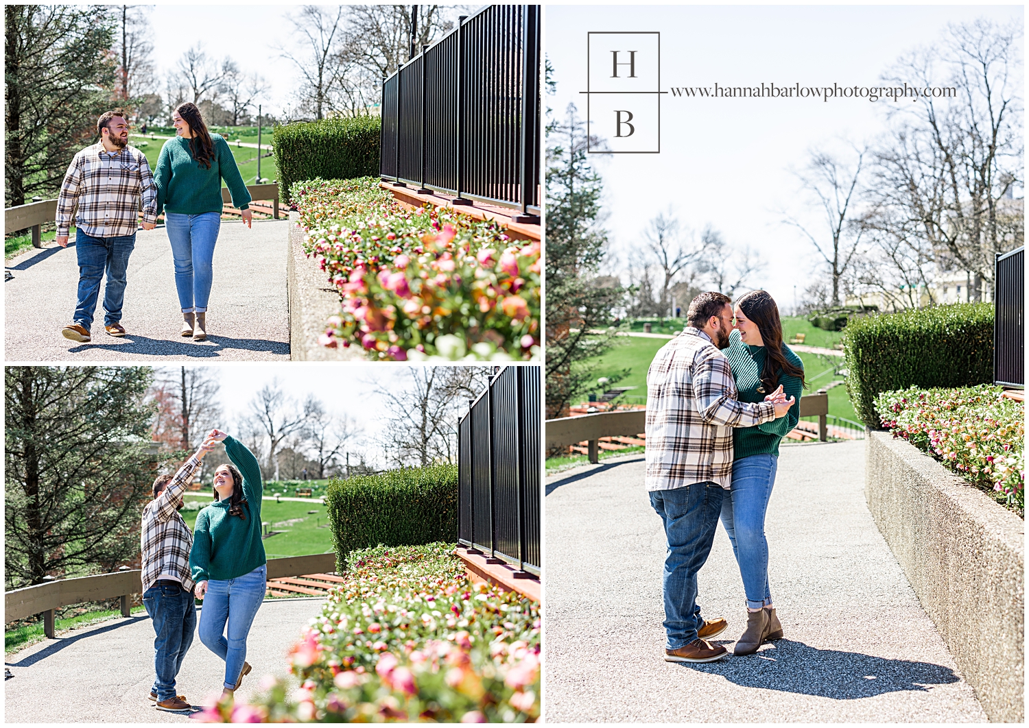 Collage of couple walking and snuggling and dancing by spring flowers in concrete bed.