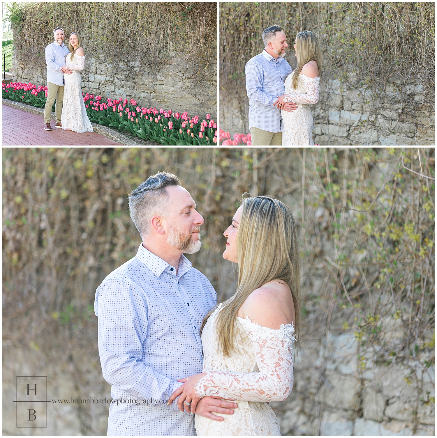 Lady in white dress and fiancé in blue shirt embrace by pink tulip bed.