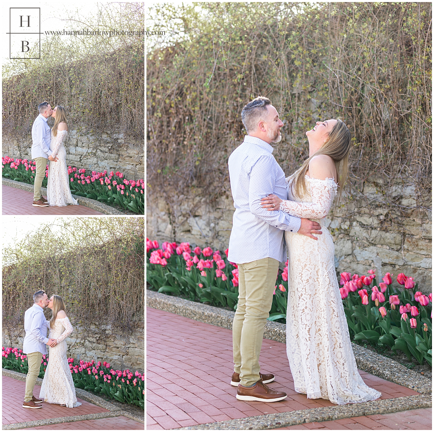 Couple dances and laughs by pink tulip flower bed.