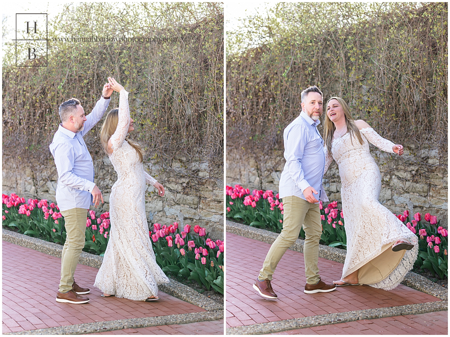 Outtakes of couple dancing and spinning by pink, tulip flower bed.