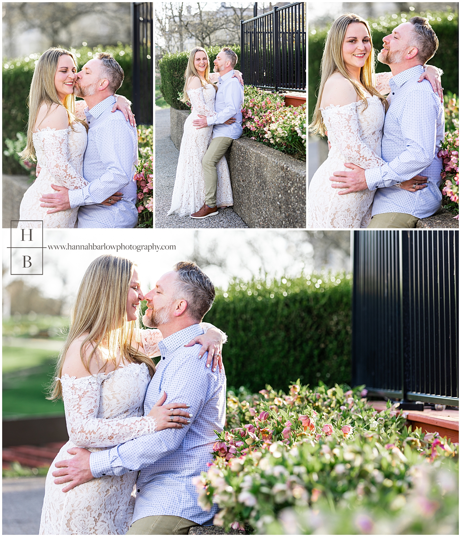 Collage of couple posing for engagement photos by spring flower bed.
