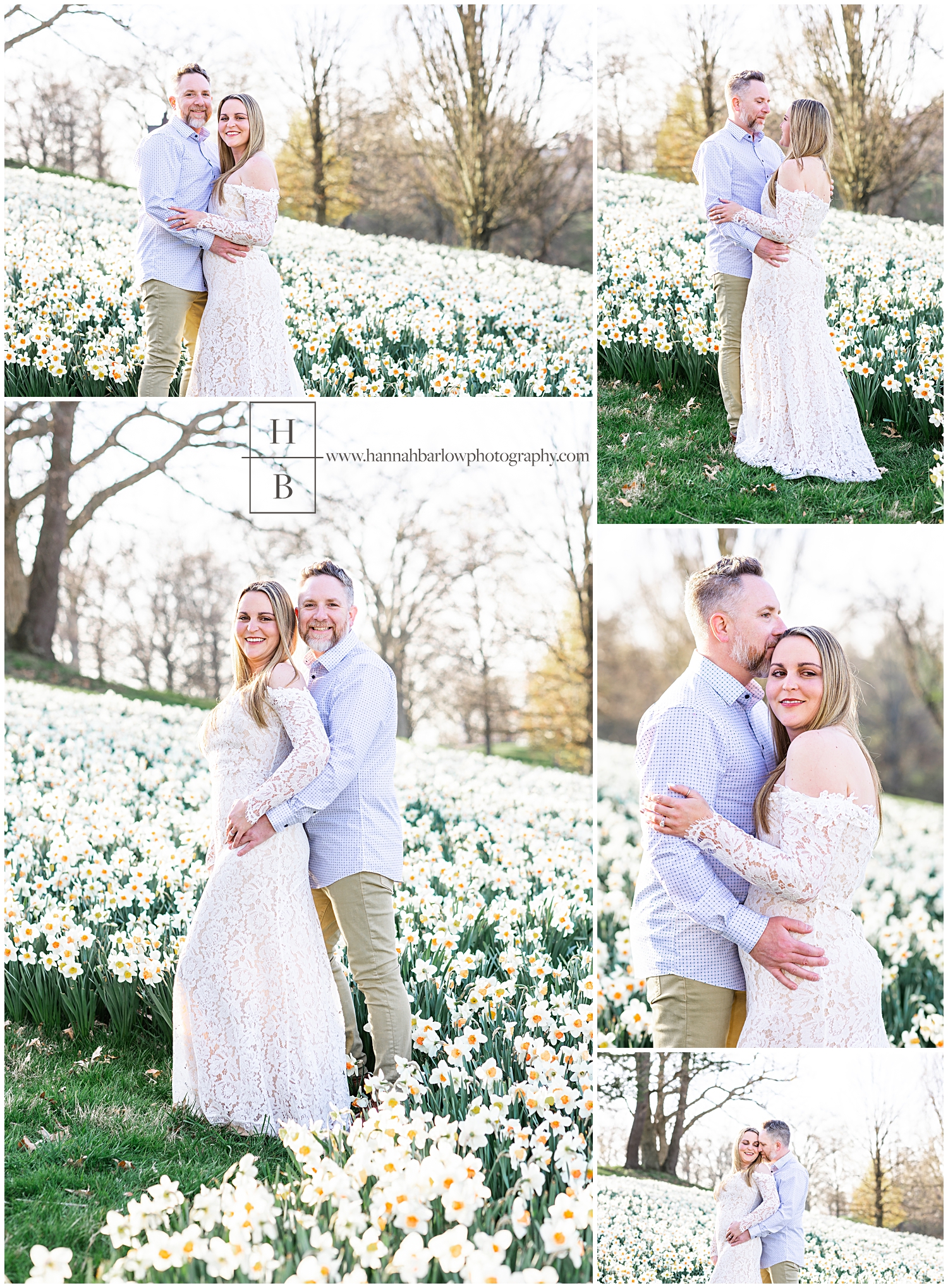 Collage of couple posing for engagement photos in white daffodil field.