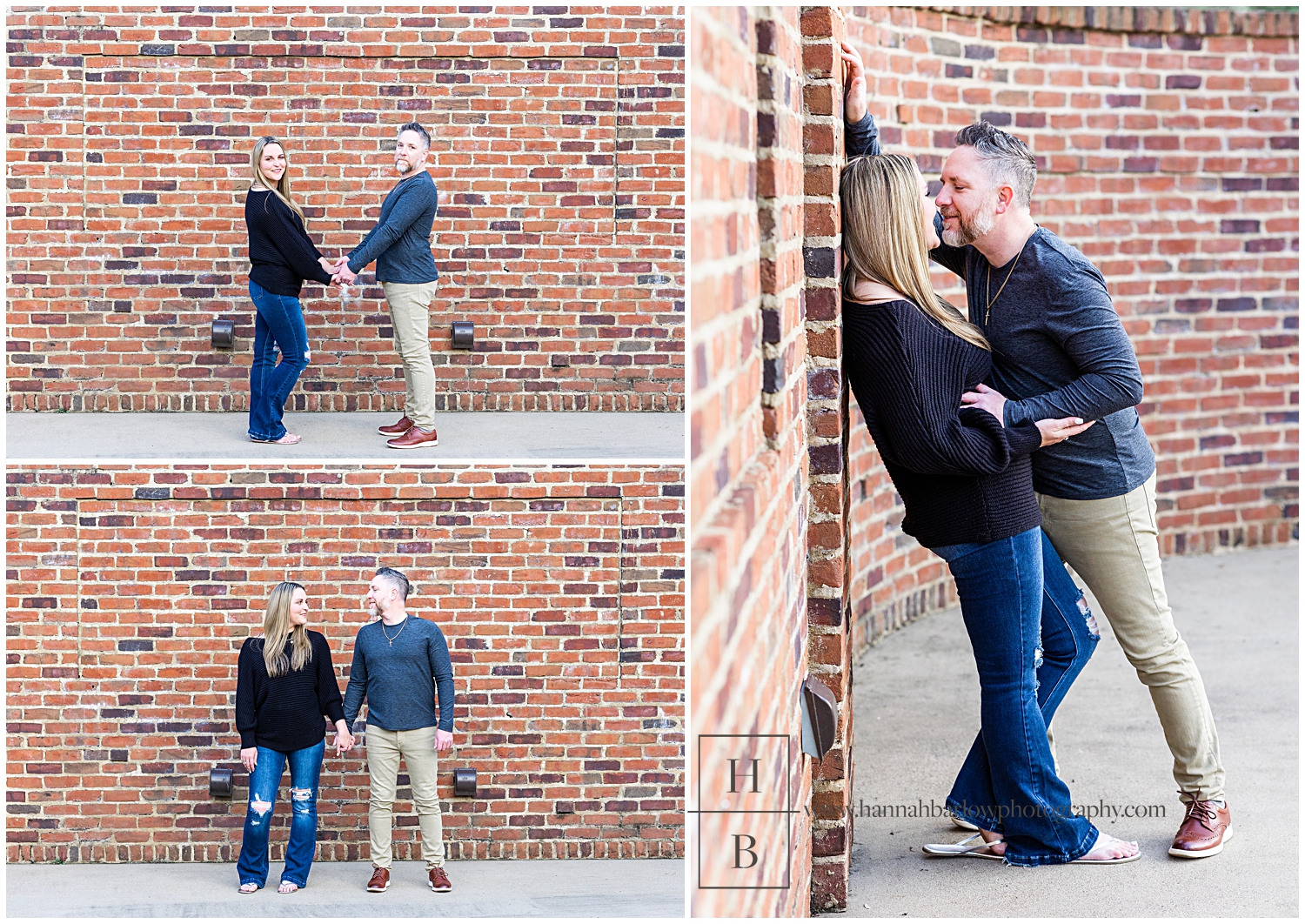 Couple poses for engagement photos in front of brick wall.