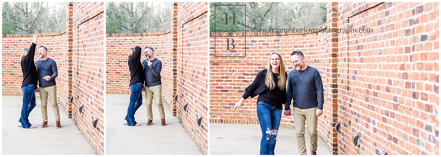 Collage of photos of couple laughing and walking by brick wall.