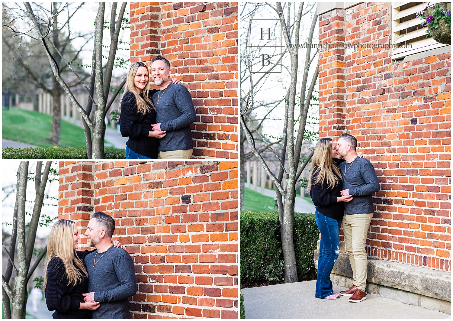 Collage of couple standing in front of tree and brick for engagement photos.
