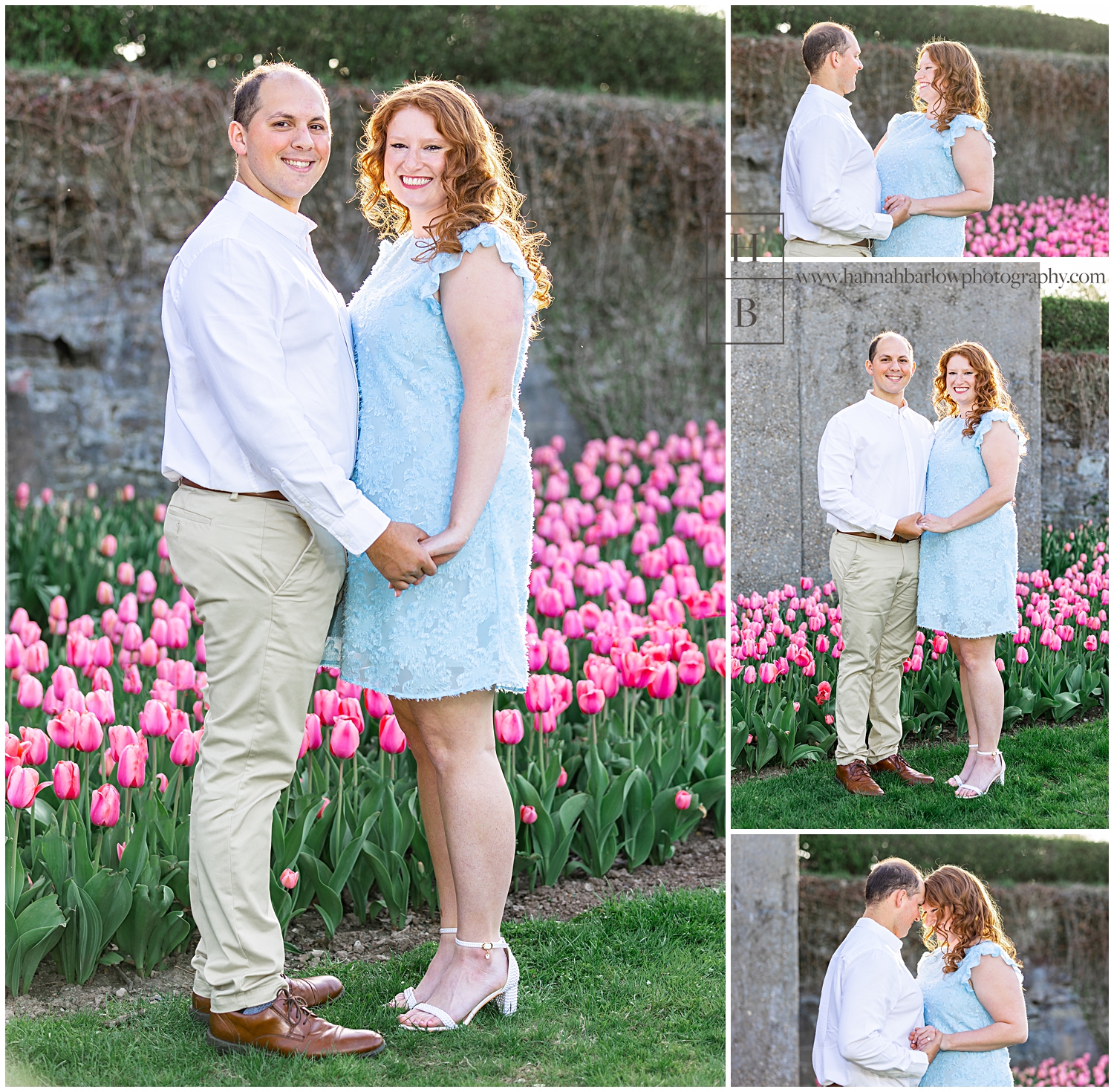 Woman in blue dress poses with fiance near pink tulip bed.