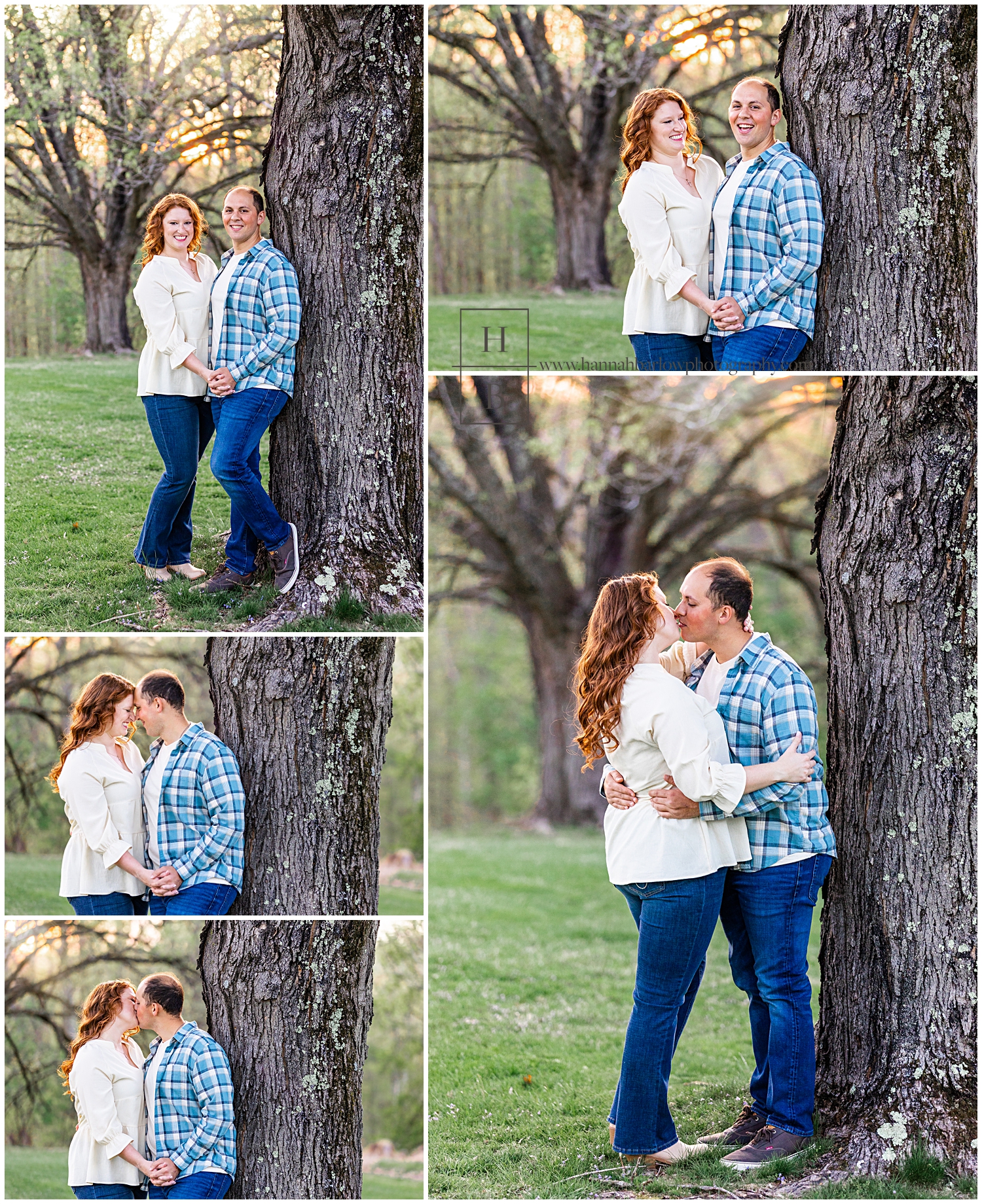 Couple poses for engagement session during golden hour with man leaning against tree.