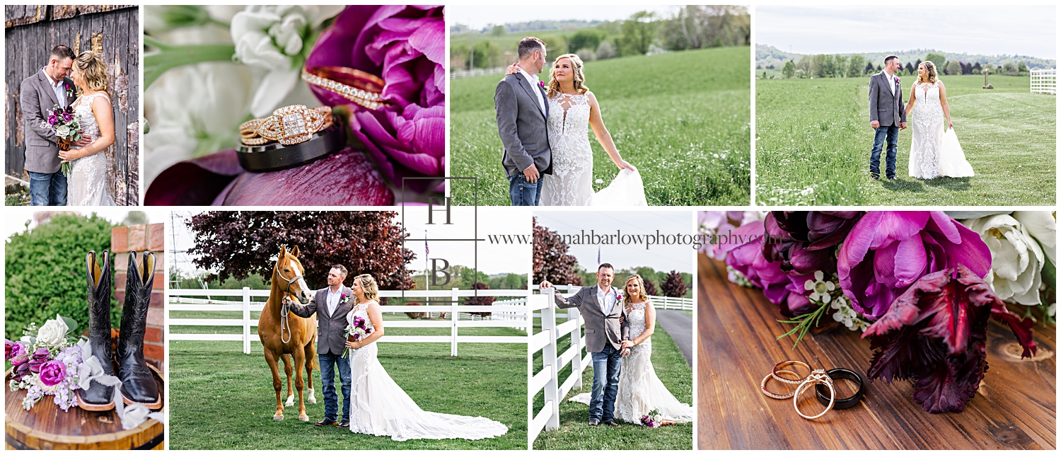 Collage of couple with purple wedding details on farm.