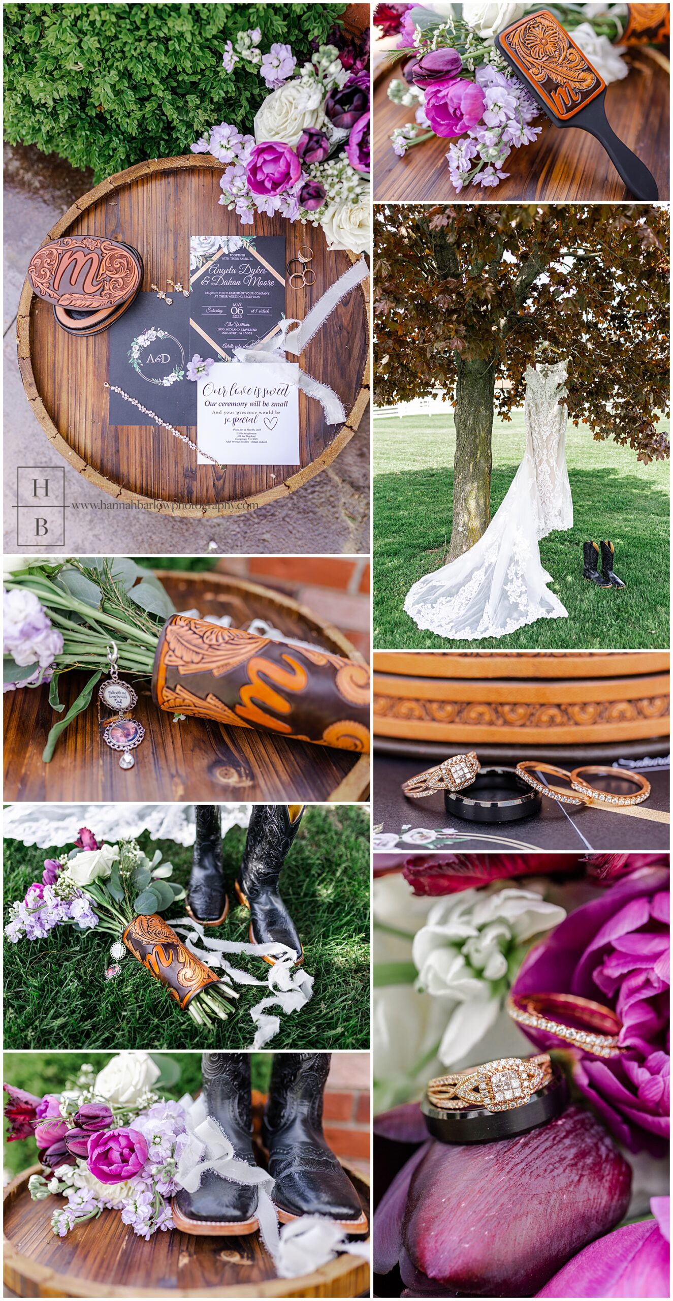Collage of rustic wedding bridal details with purple flowers and leather accents.