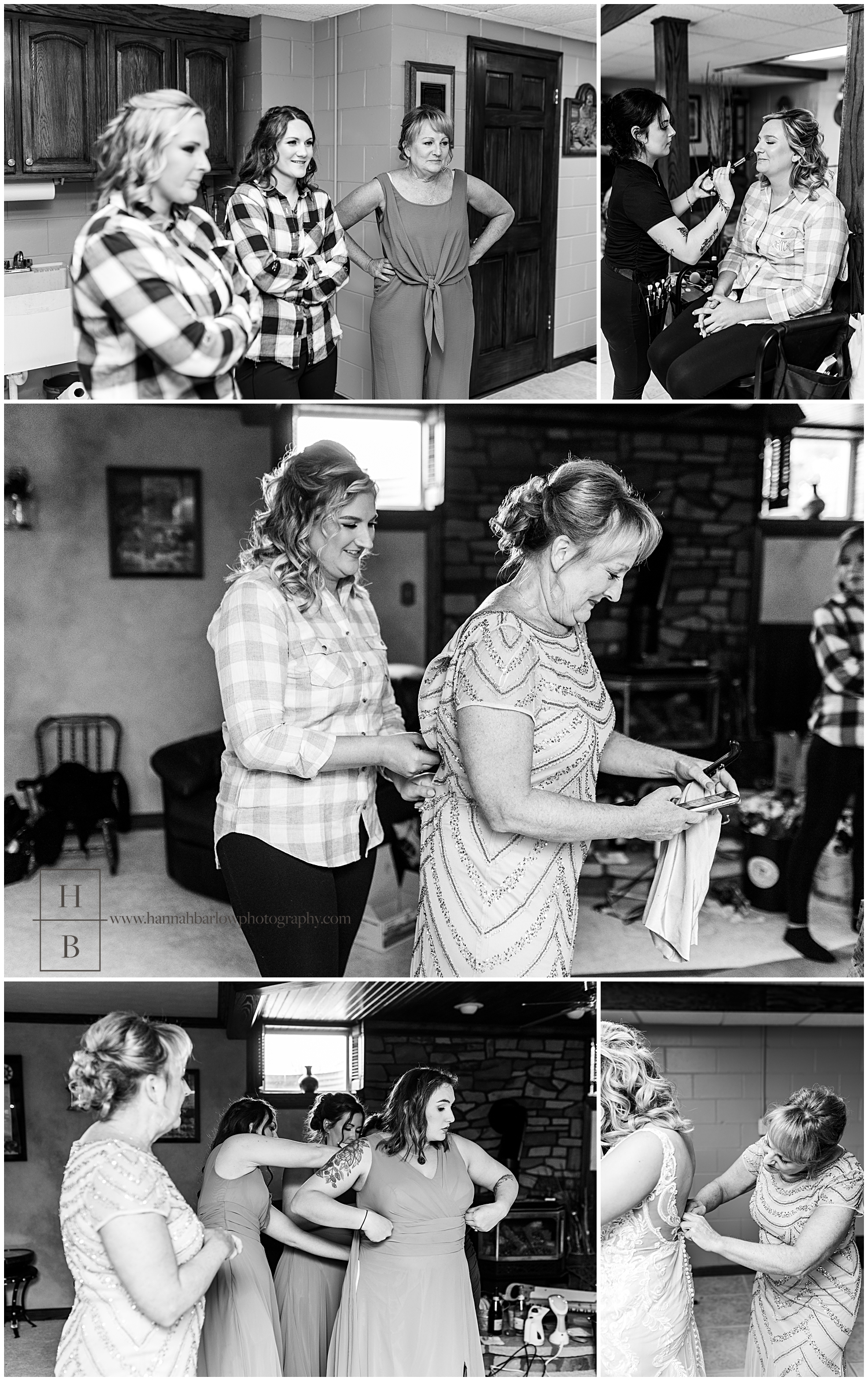 Black and white collage of bride, bridesmaids, and mom getting ready for wedding.