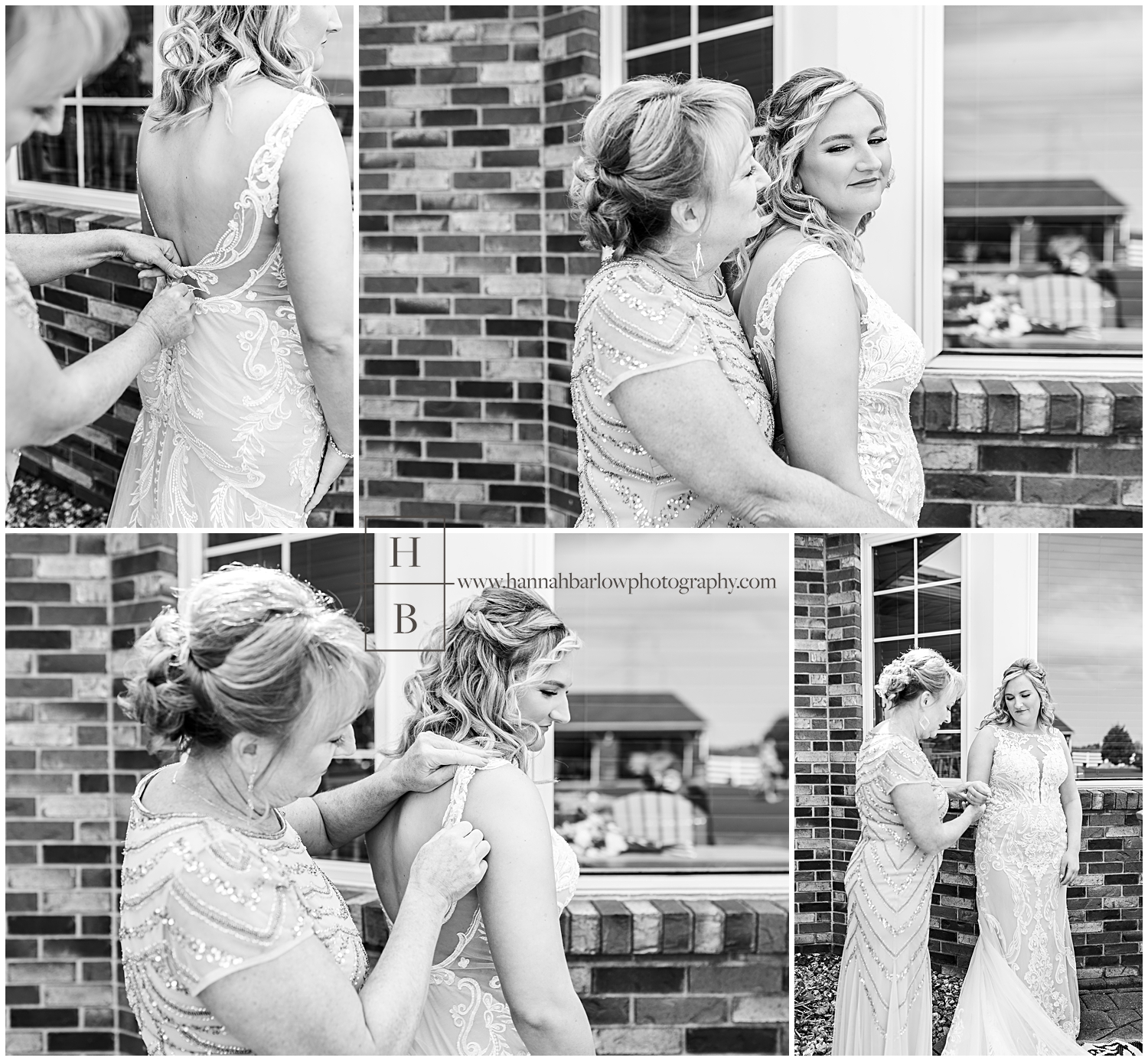 Black and white collage of mom and bride getting ready and in dresses for wedding.