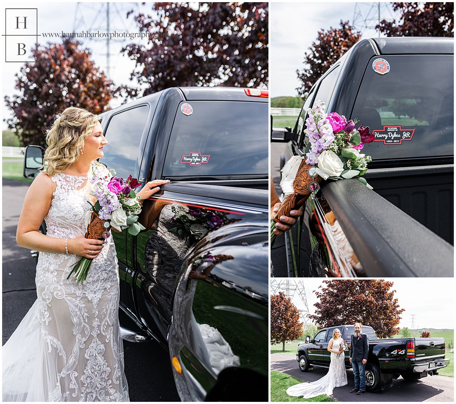Bride looks at late father's truck before she walks down the aisle.