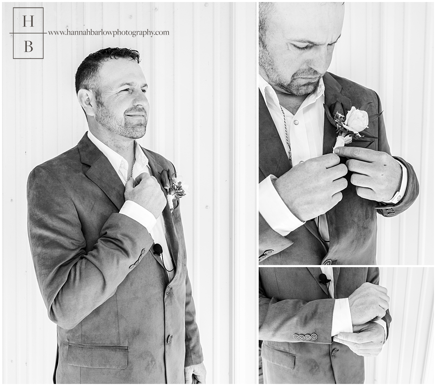 Black and white photos of groom getting ready.