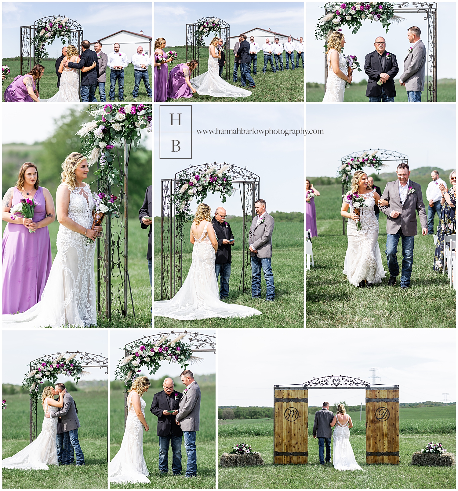 Collage of country wedding ceremony in field on beautiful, sunny day.