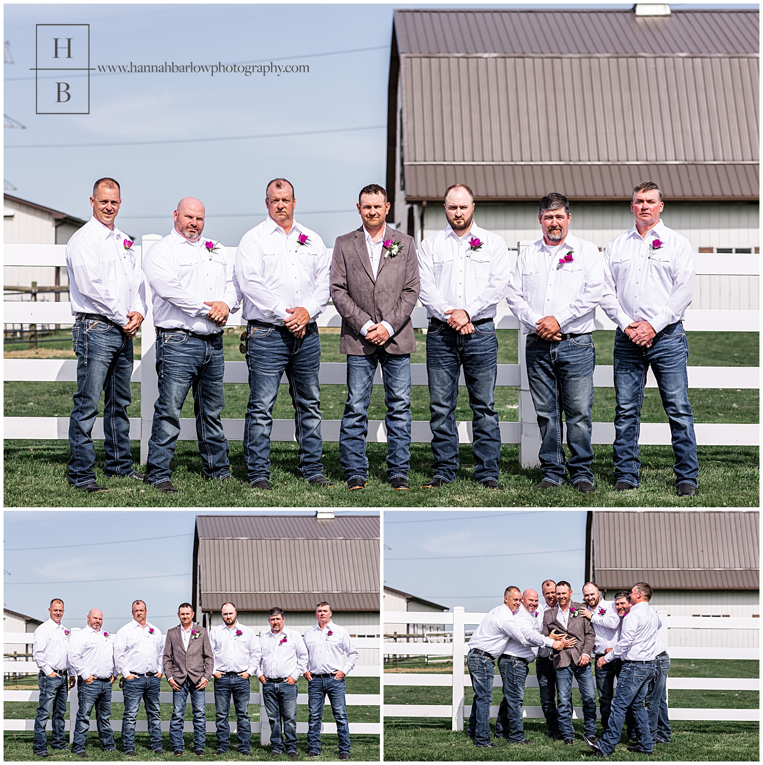 Groom and groomsmen in jeans and white dress shirts pose for bridal party photos.
