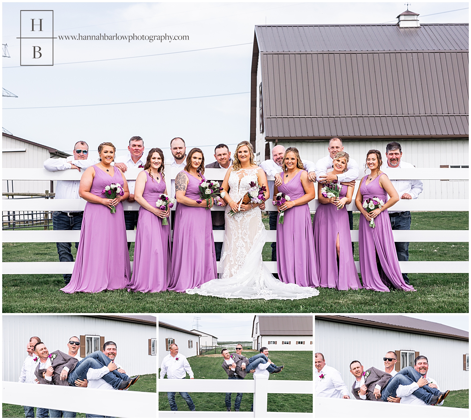Men stand behind fence behind bridesmaids for bridal party portrait.