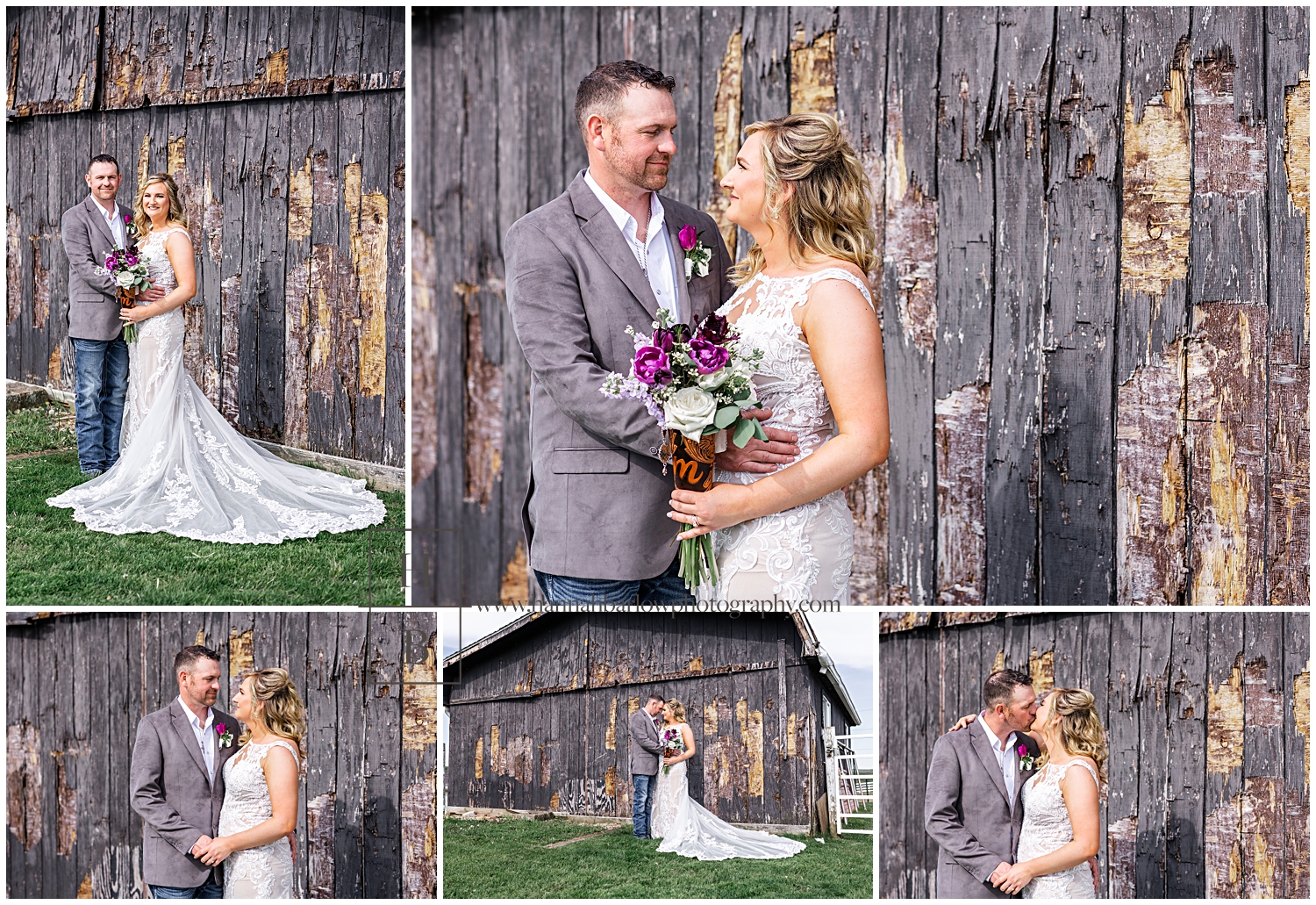 Bride and groom pose in front of rustic brown barn for wedding photos.