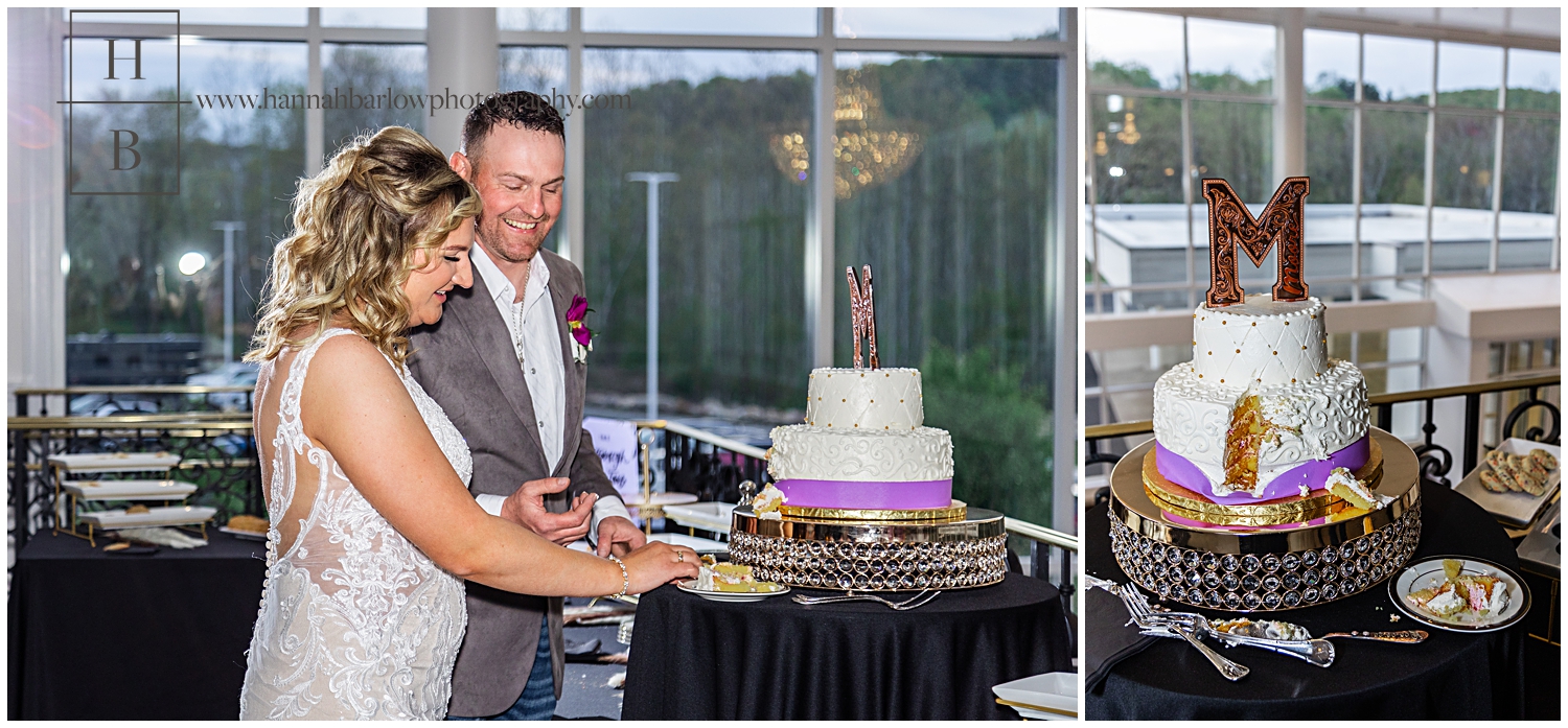 Couple cuts wedding cake at the Willows of PA.