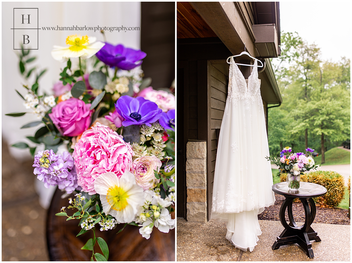 Photos of wedding dress hanging from cabin with bouquet sitting on table next to it.