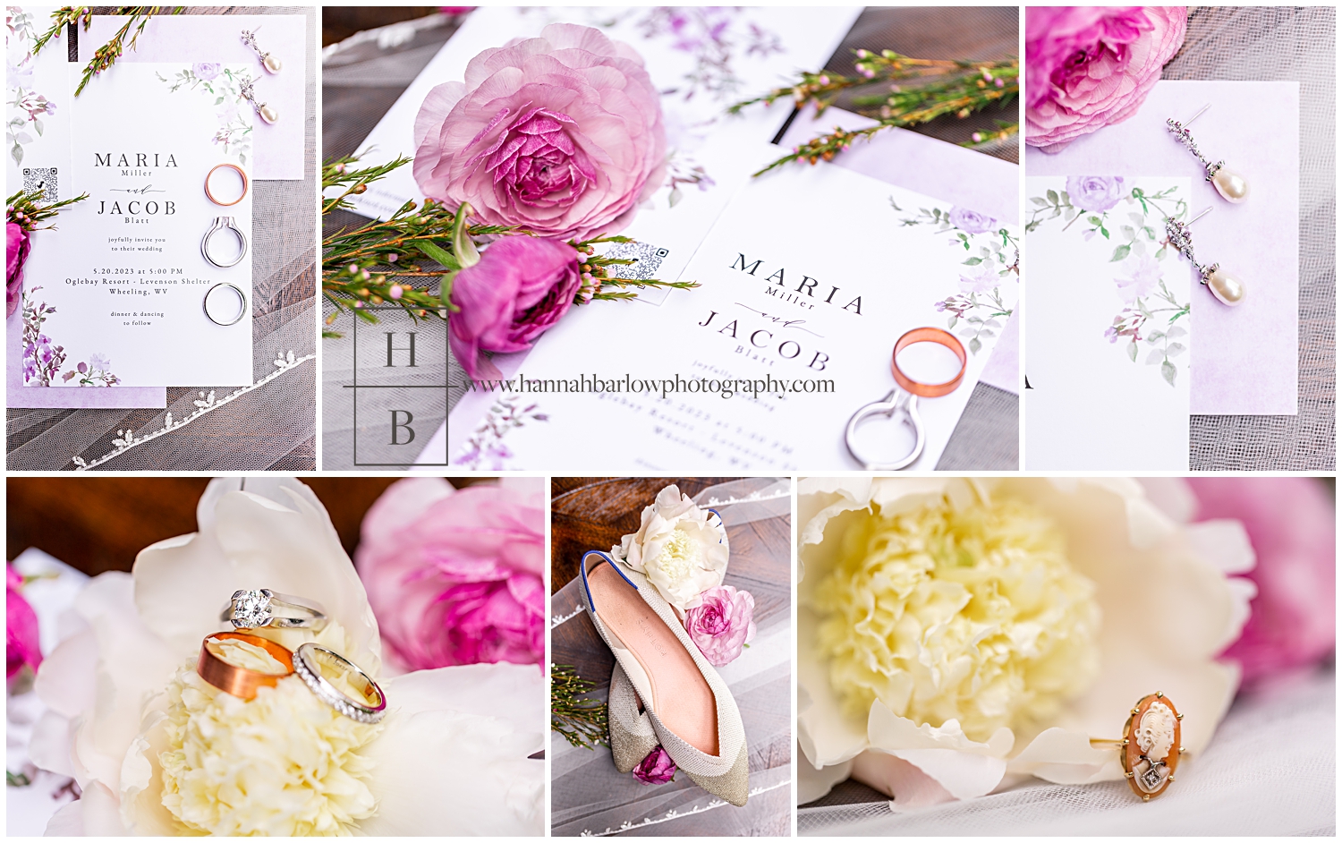 Collage of purple bridal details with accompanying flowers.