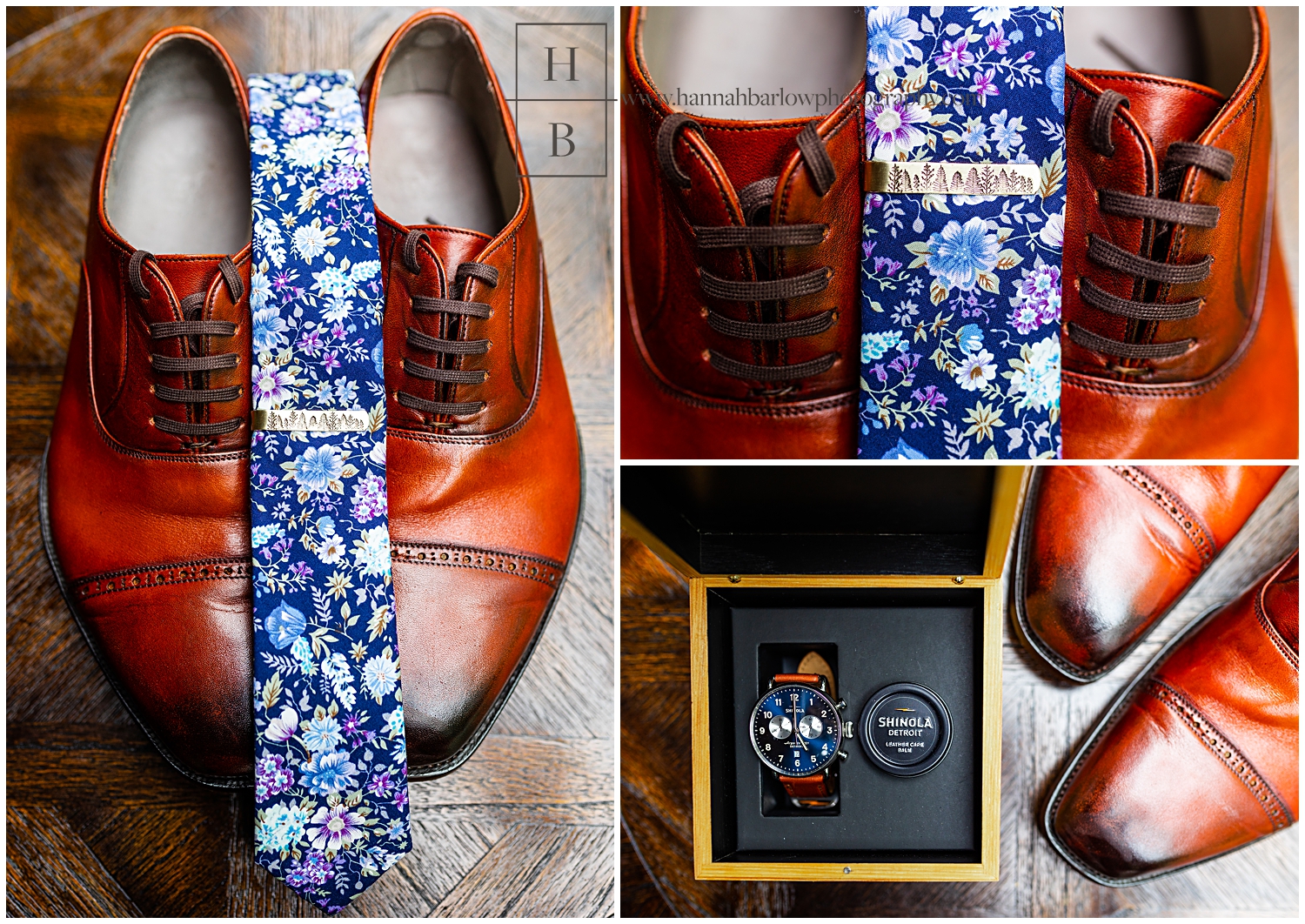 Groom wedding details featuring brown dress shoes, floral purple and blue tie and watch.