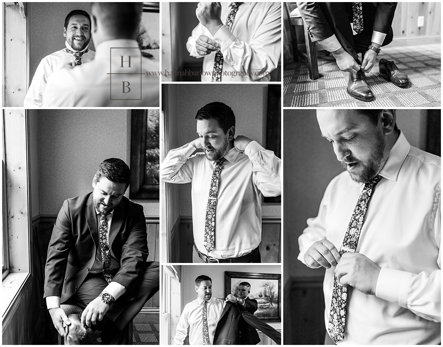 Black and white photos of groom getting ready.