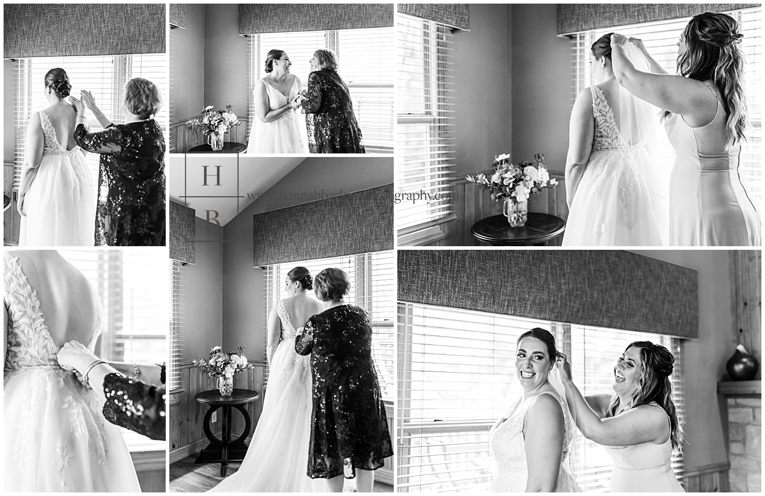 Black and white photos of bride getting ready.