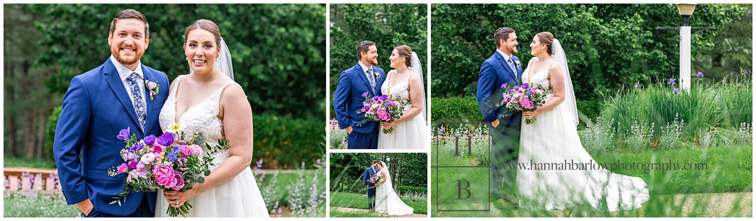 Wedding couple poses for wedding portraits in green grass.