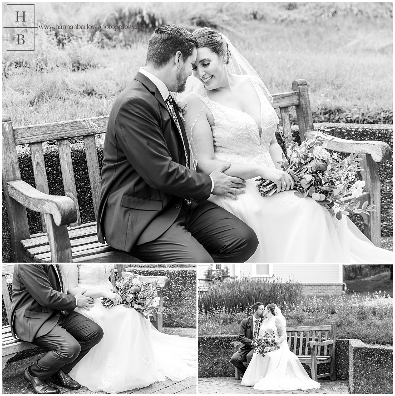 Black and white photos of bride and groom sitting on bench for wedding portraits.