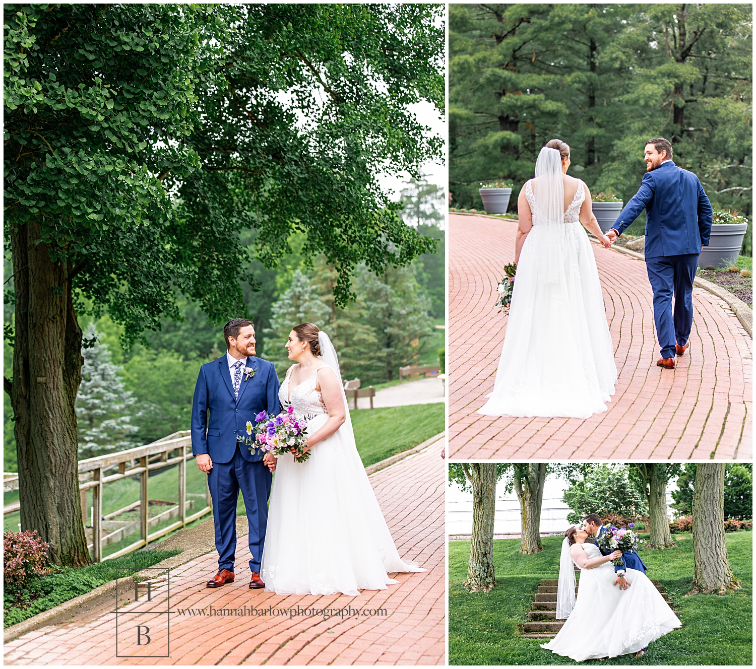 Bride and groom walk down red brick path for wedding portraits.