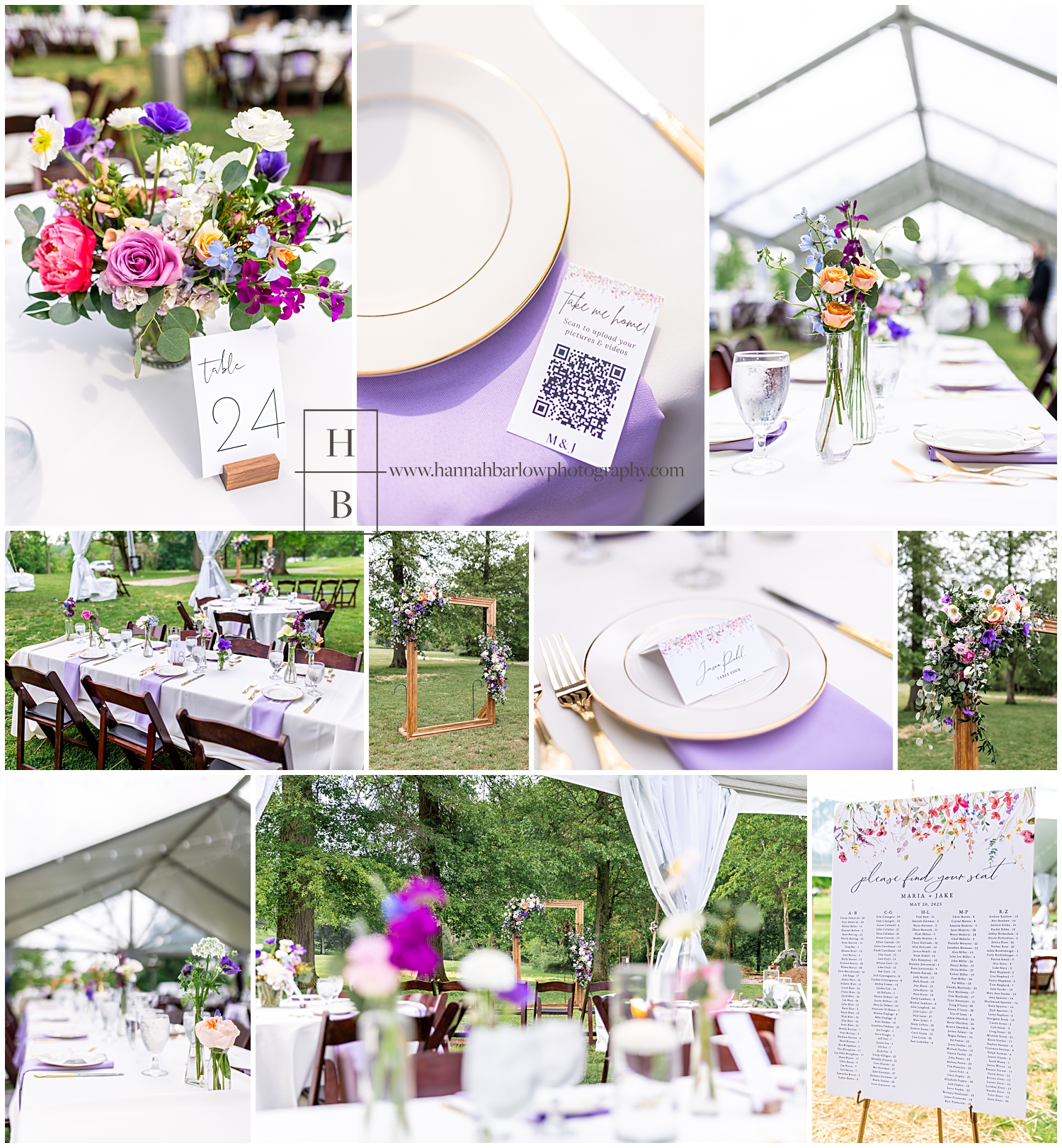 Colorful spring wedding reception details highlighted at Levinson Shelter tent wedding.