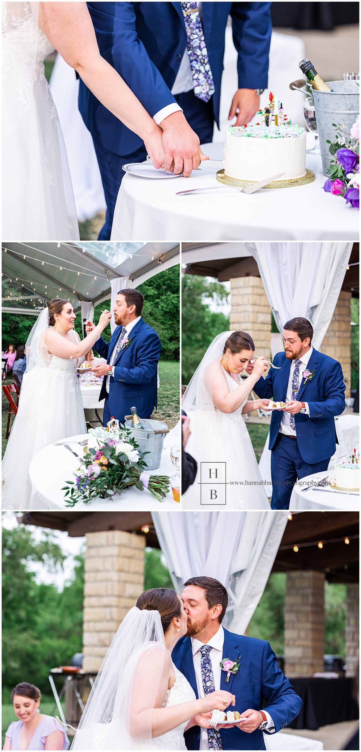 Couple cuts cake at outdoor, spring, tent wedding.