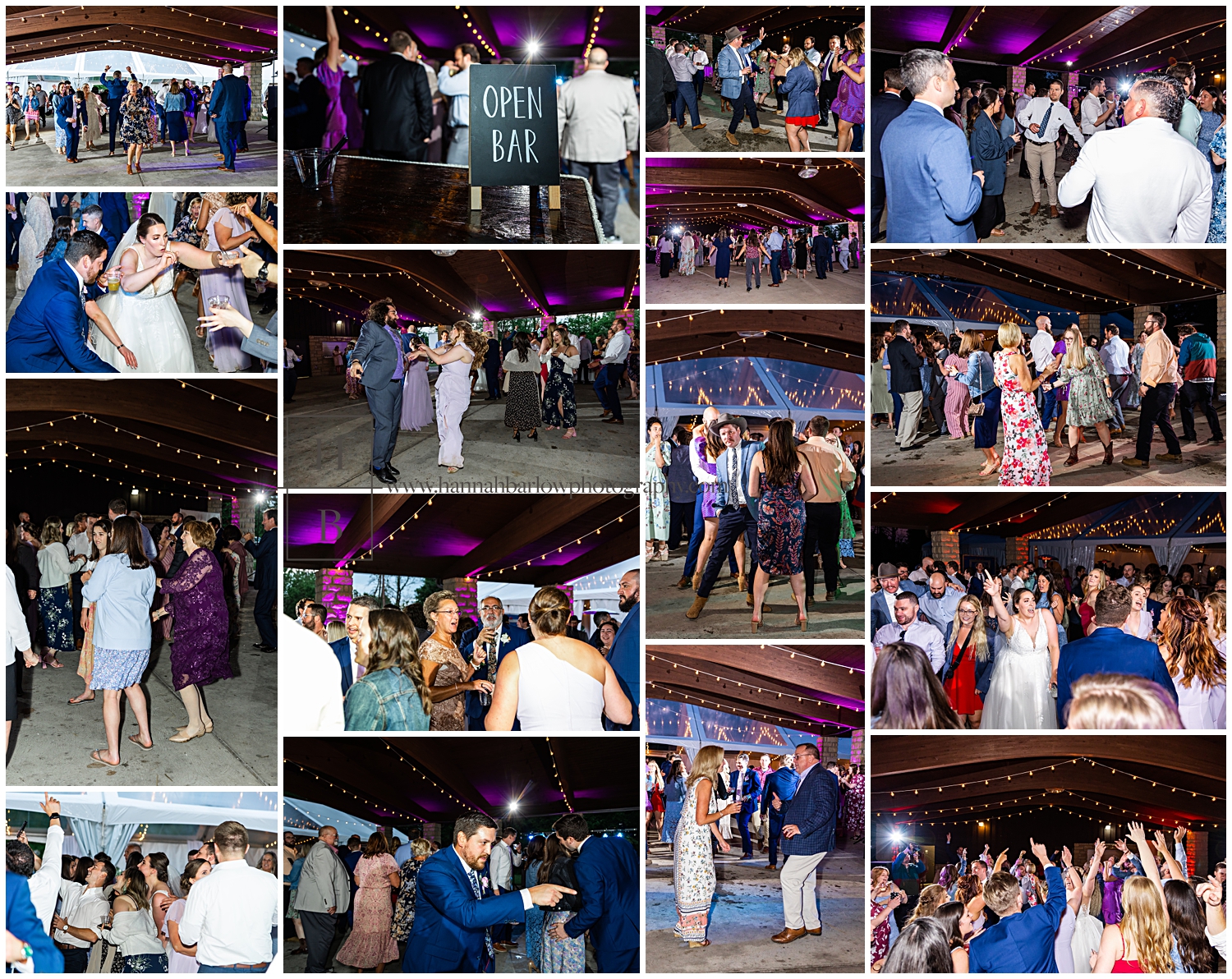 Outdoor wedding reception photos highlighted with packed dance floor and purple uplighting.