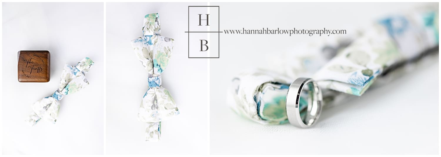 Bright white and blue wedding floral bow tie and rings