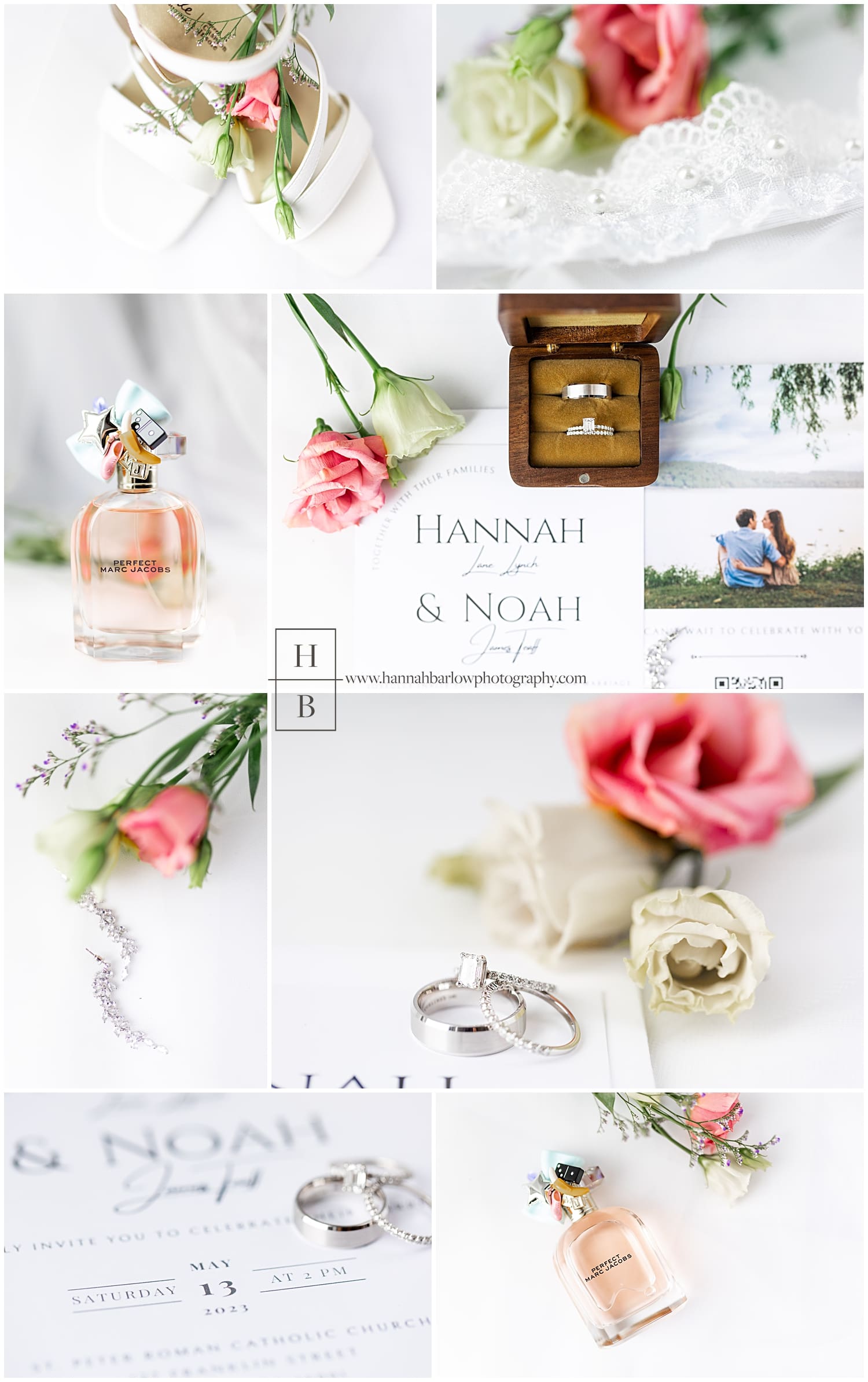 White bridal details with pink roses