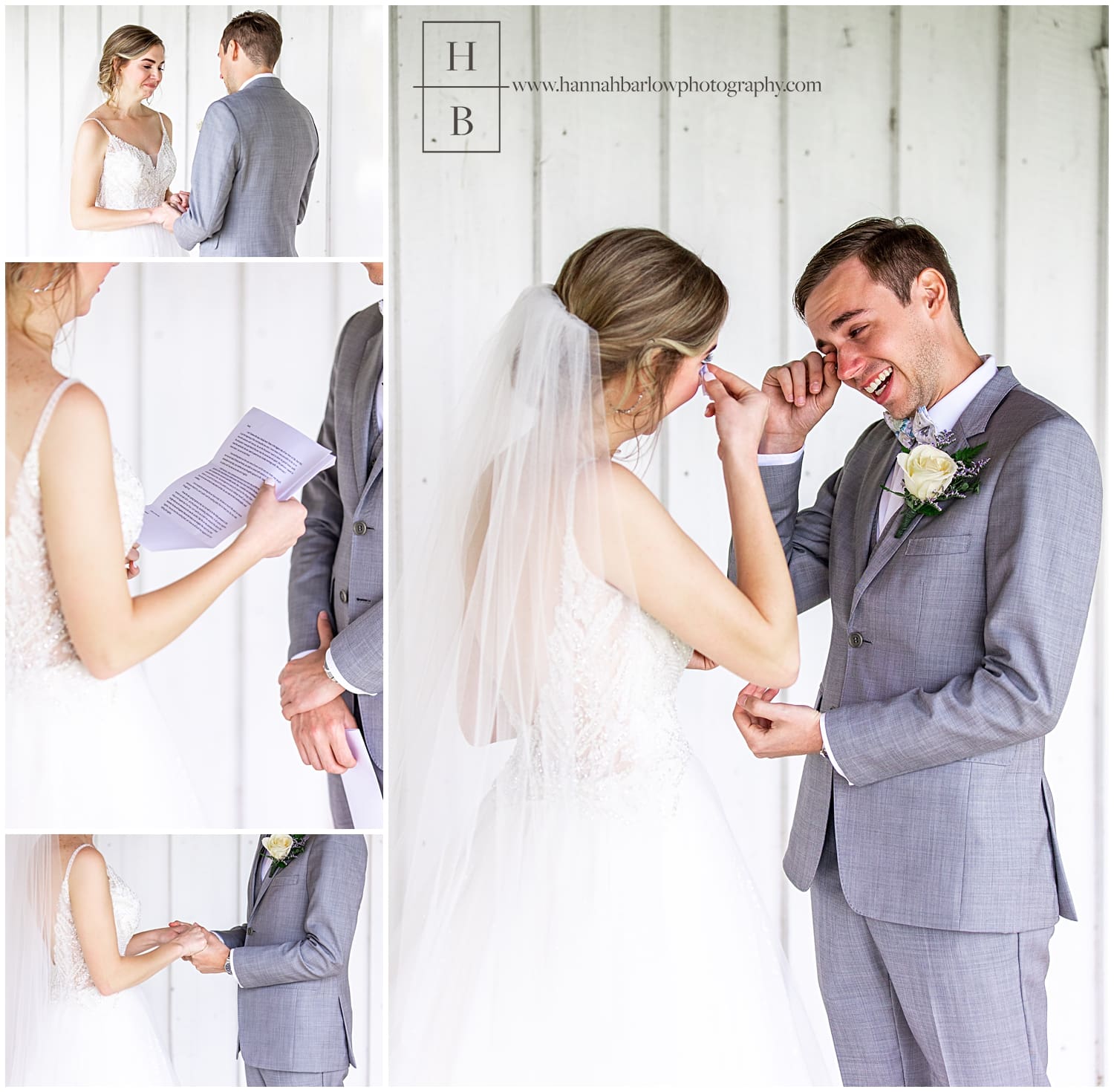 Couple shares first look moments and tears while reading letters at white barn in prospect pa