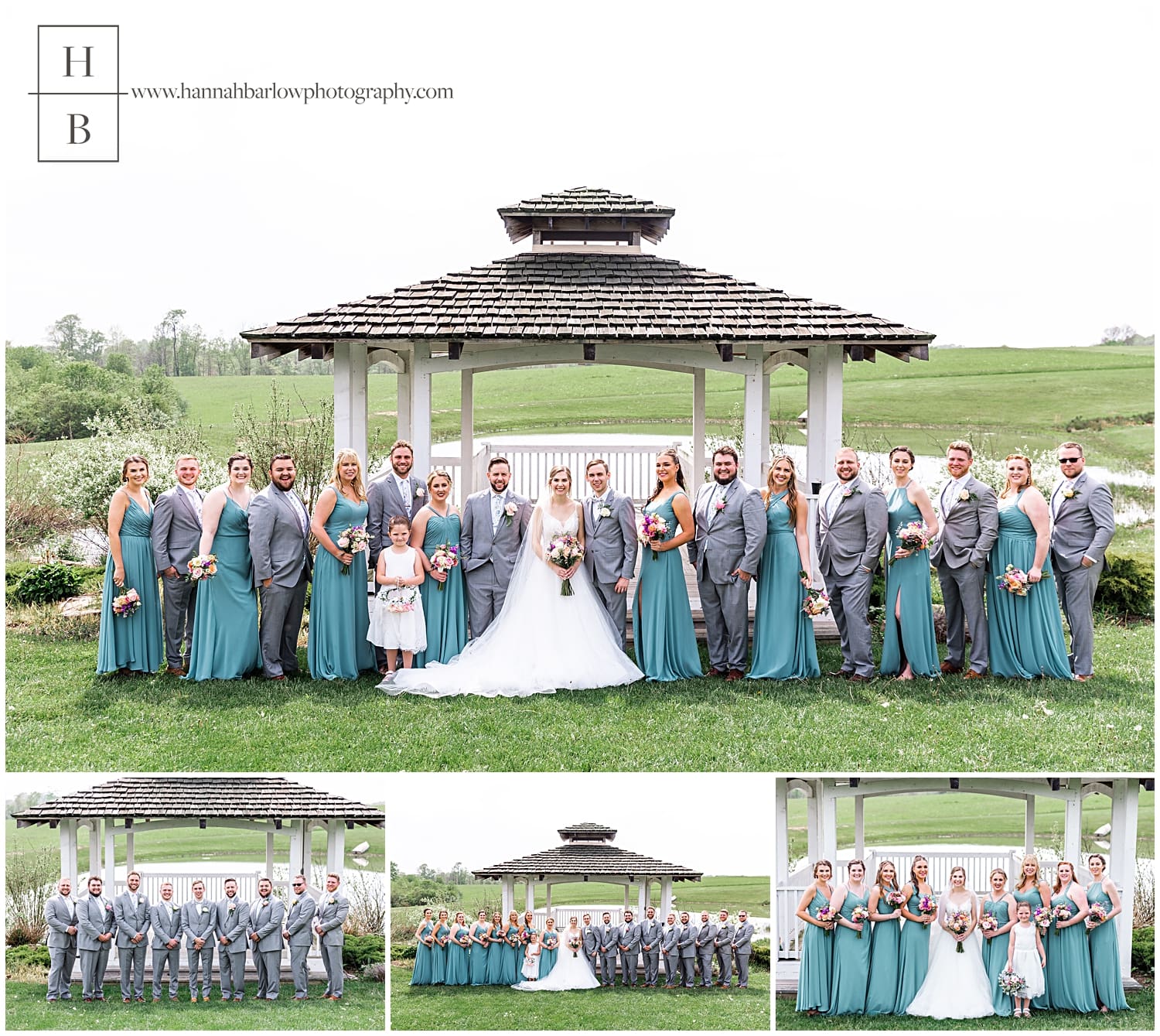 Bridal party in teal dresses and grey tuxes poses for photos