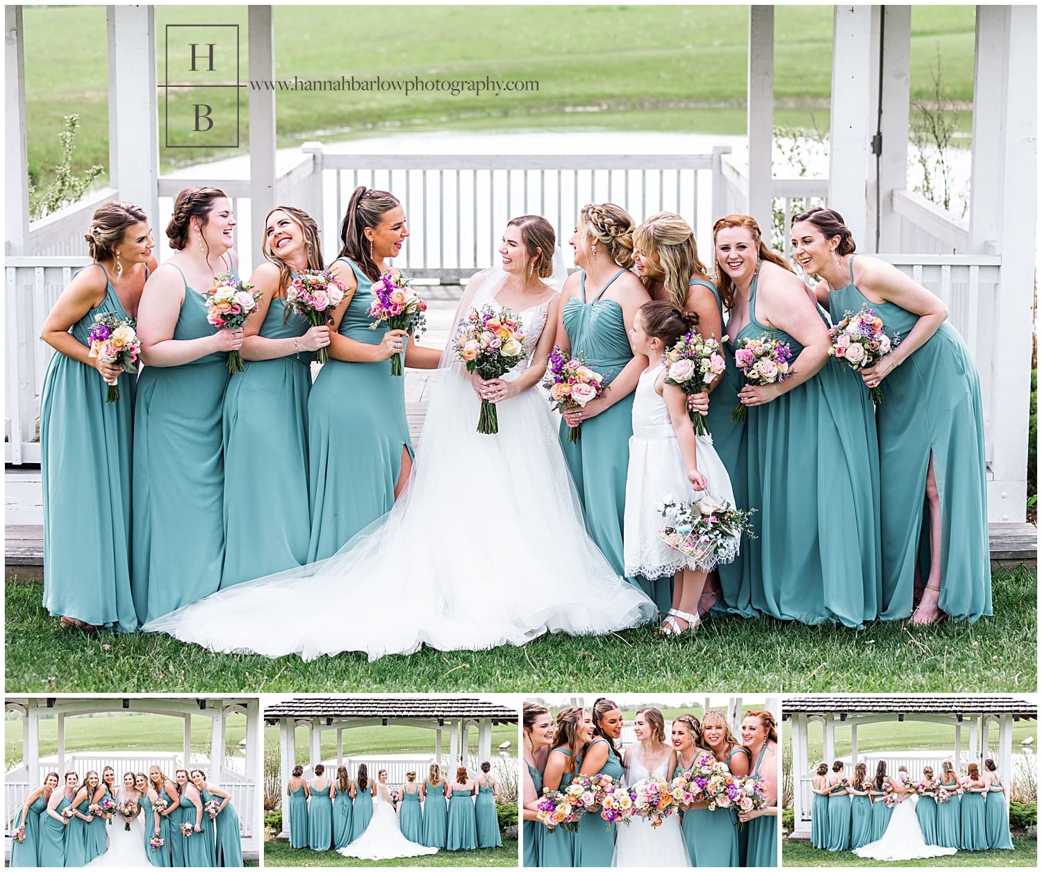 Bridesmaids in teal dresses pose with bride and flower girls