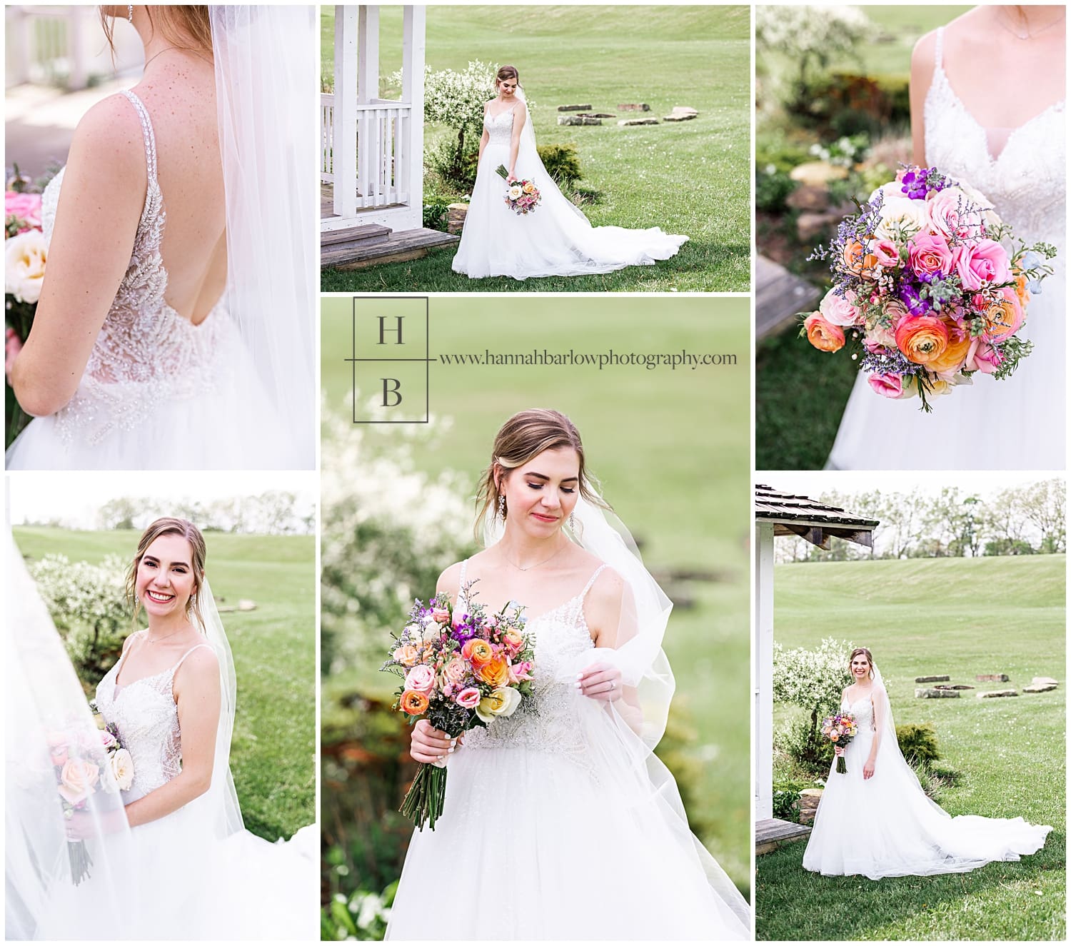 Bride holding spring flower bouquet poses for photos