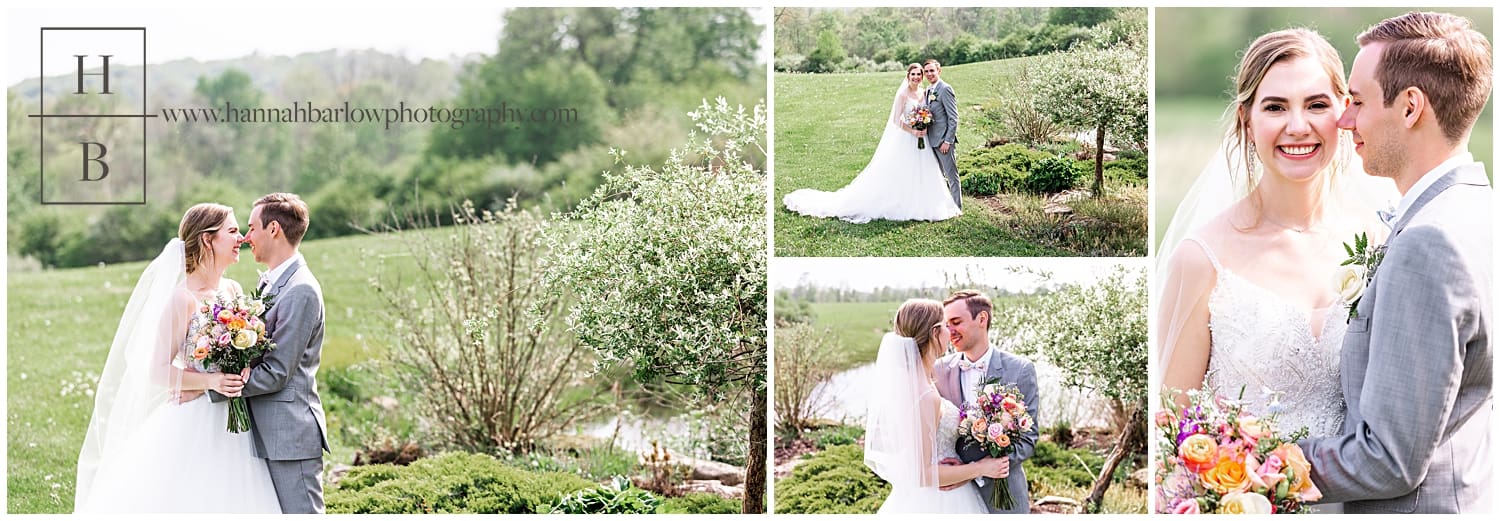 Bride and groom pose for spring wedding photos