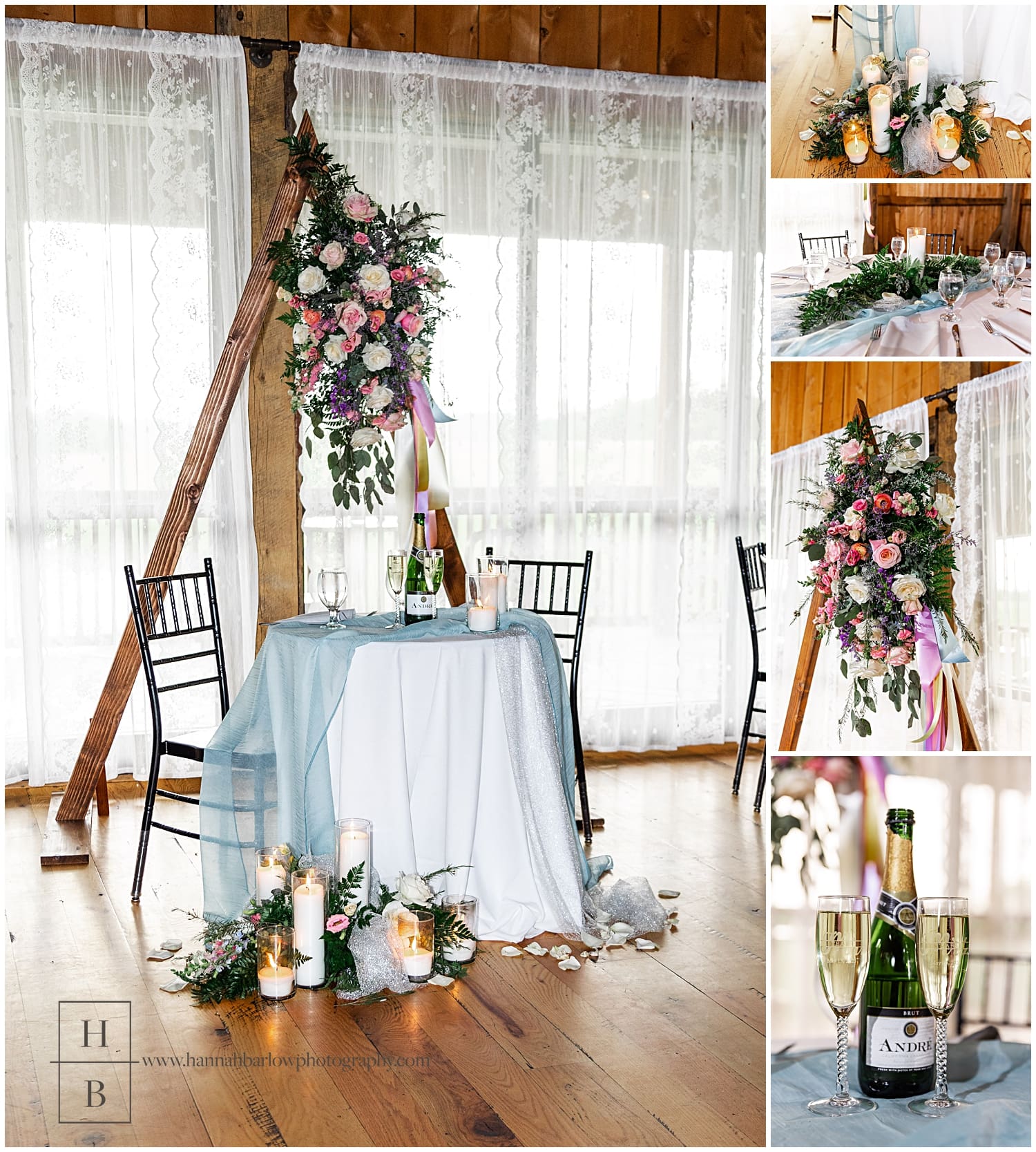 Barn wedding reception decor featuring spring flowers
