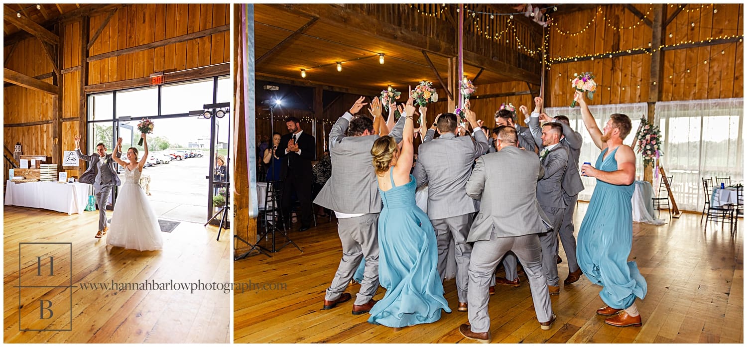 Bridal party celebrates during wedding entrances