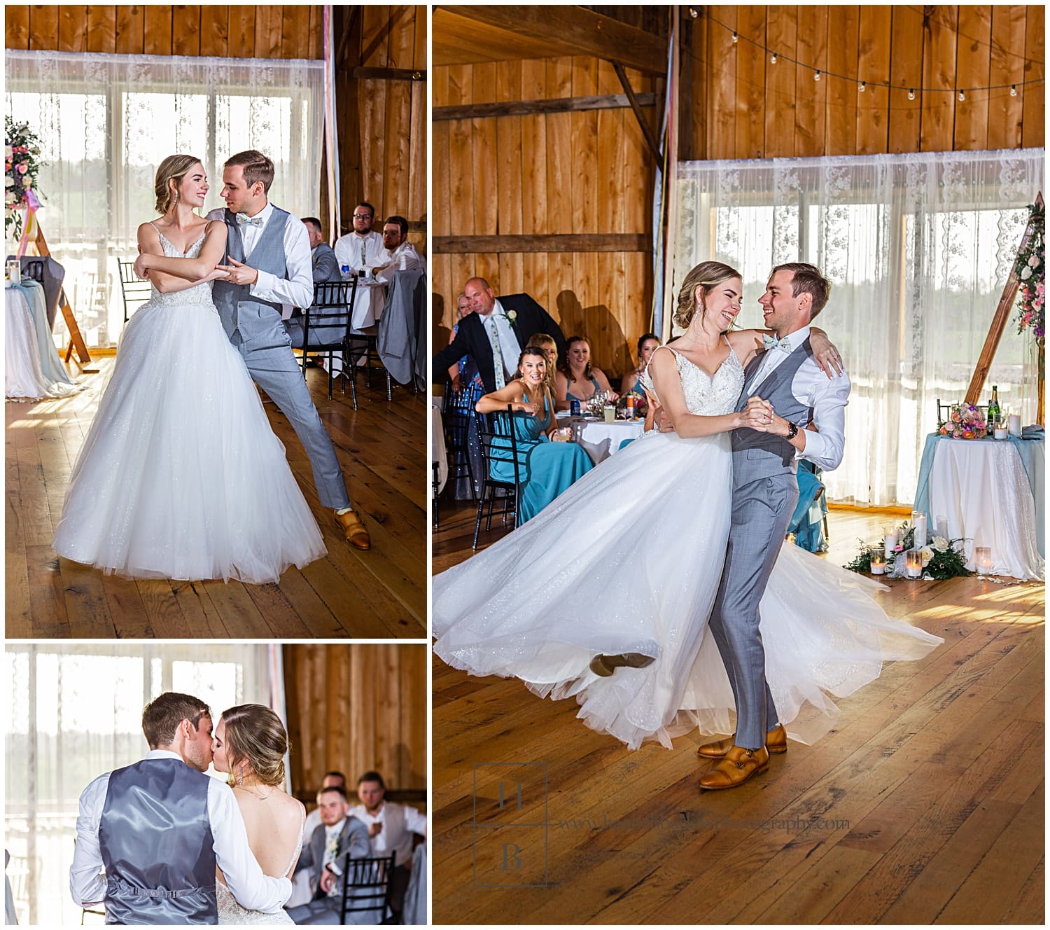 Bride and groom dance first dance inside barn