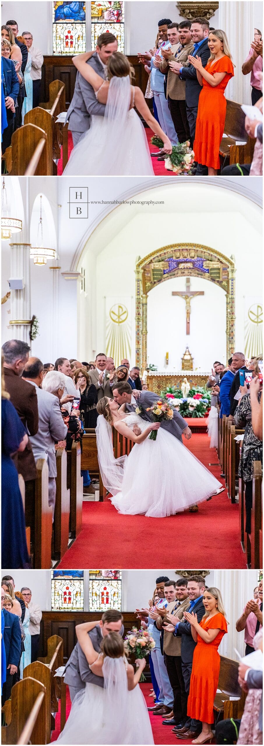 groom dips bride inside church after being married