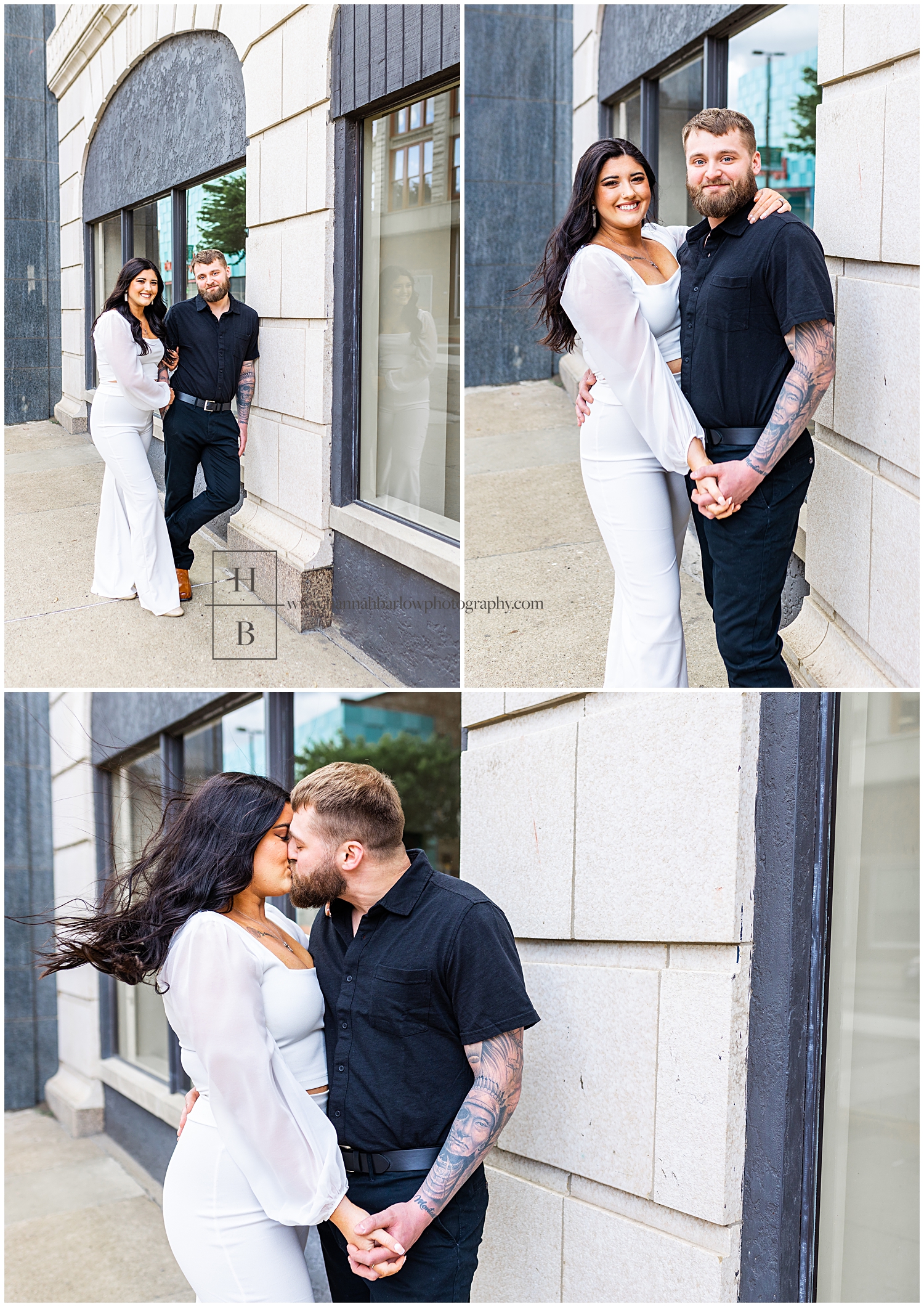 Couple poses for engagement sessions on windy day with hair blowing
