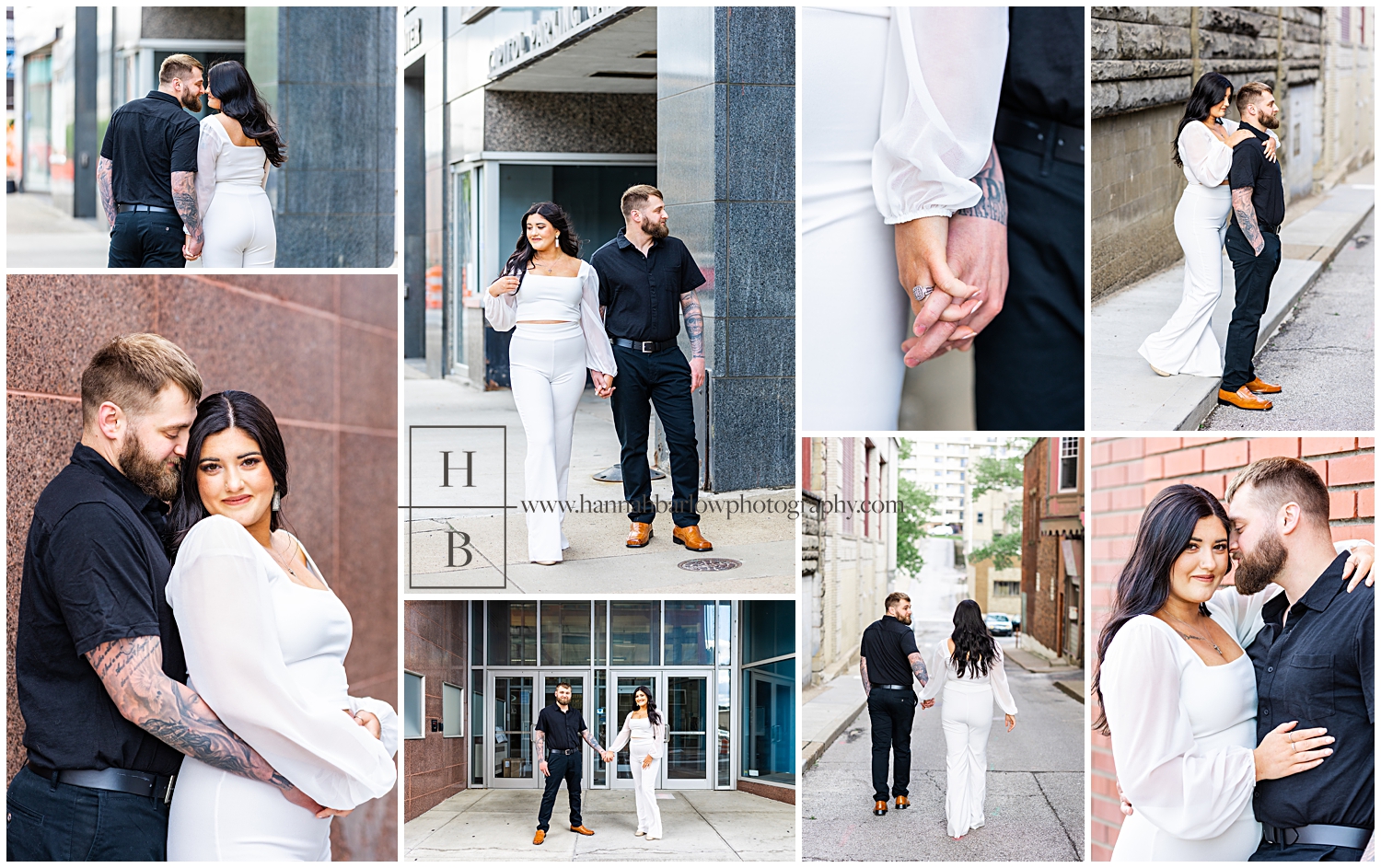 Collage of couple posing for their engagement photos in the city of Wheeling WV