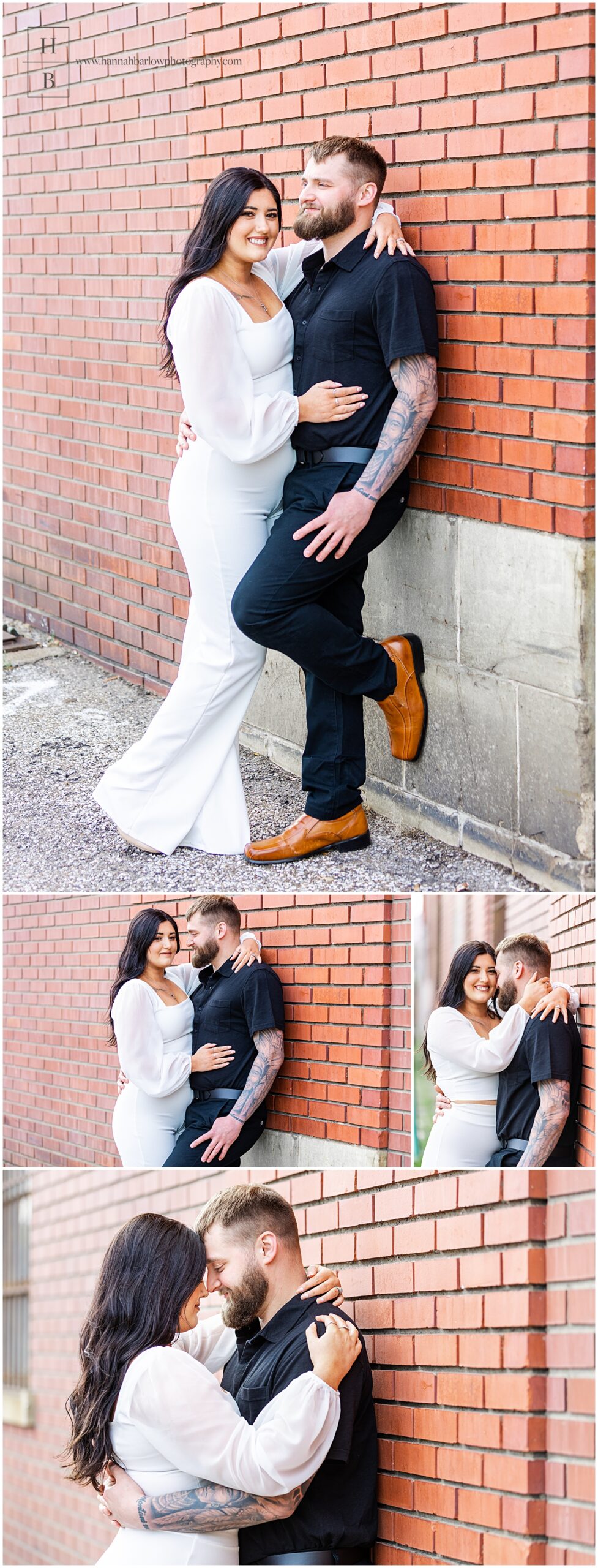 Couples poses up against brick wall for engagement photos in Wheeling WV
