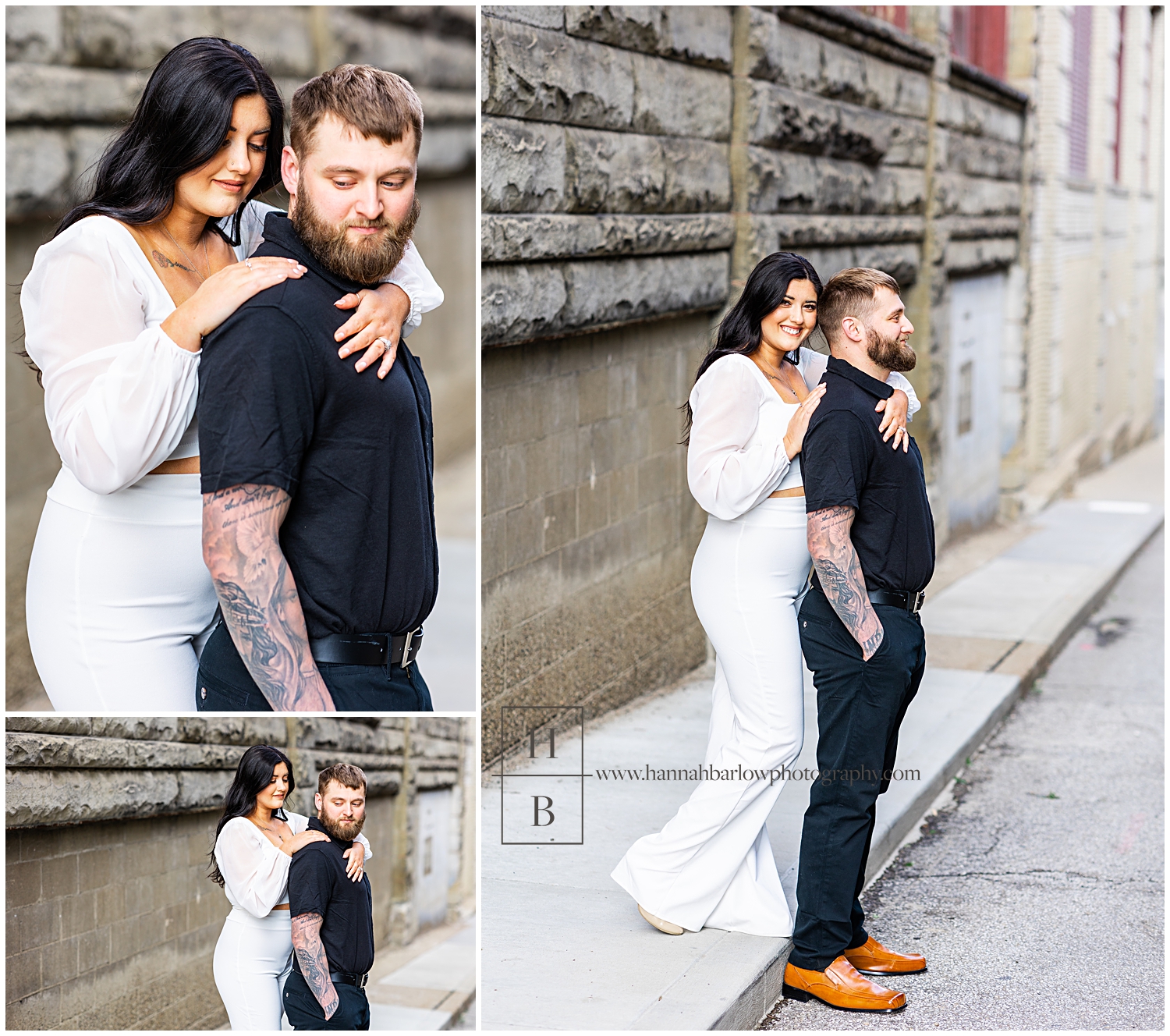 Women in white jumpsuit poses with fiance in alley.