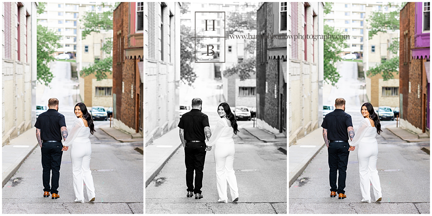 Collage of couple walking down alleyway in different color versions.